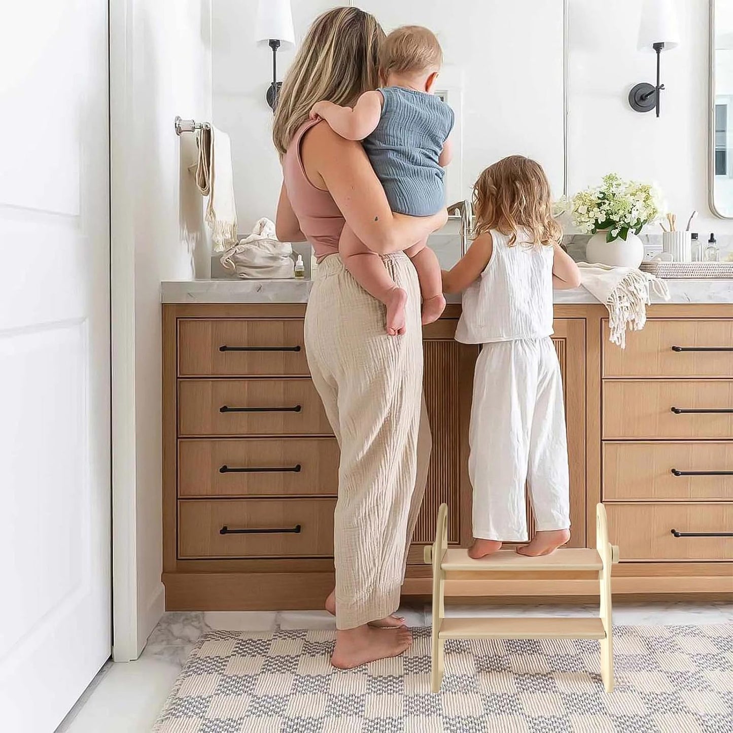 Wooden 2 Step Stool for Kids Bathroom Sink Foldable Anti-Slip 2-Step for Toilet Potty Training, Child Stepping Stool for Kitchen Nursery Bedroom, Sturdy Non Slip Adult Stool for Closet