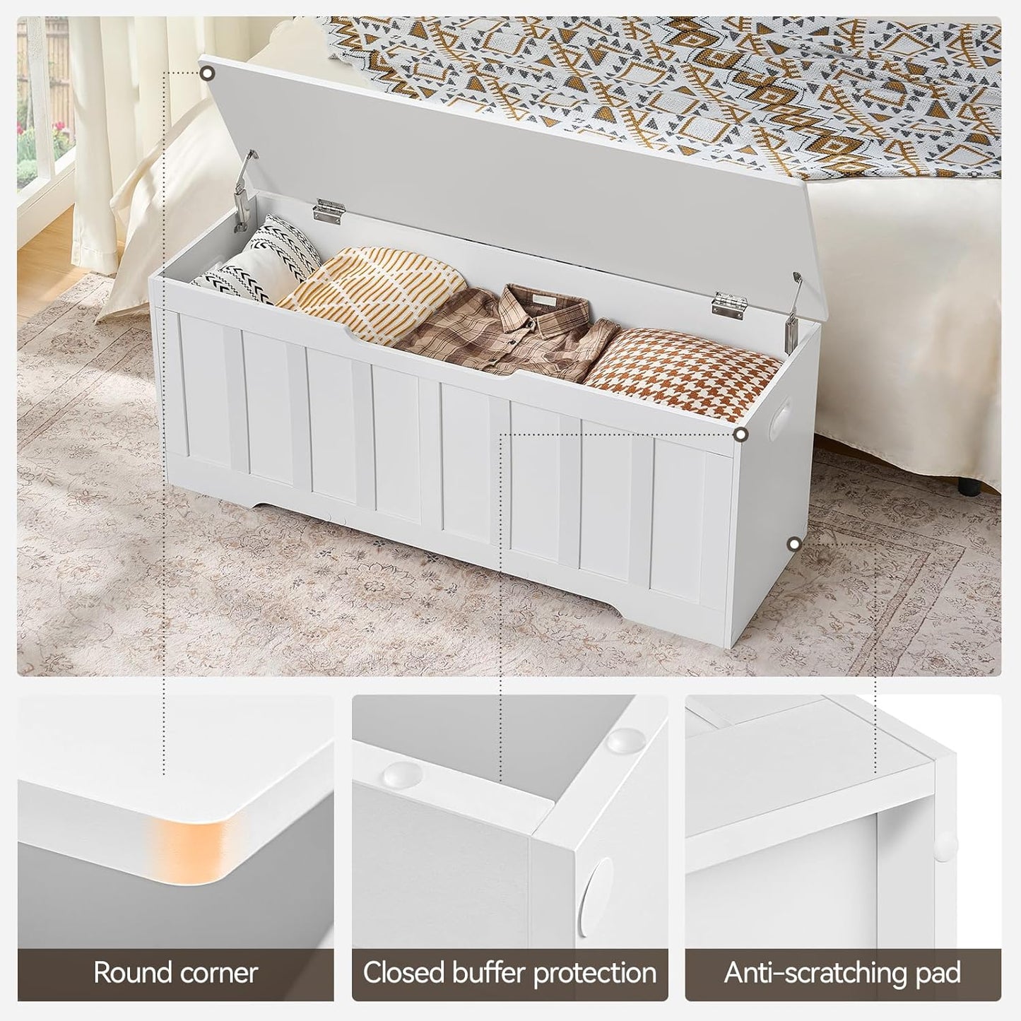 47.2" Storage Chest Extra Large,Storage Trunk with 2 Safety Hinges,Wooden Storage Bench,Shoe Bench,47.2x15.7x19.1 Inch,Easy Assembly,Storage Bench for Bedroom,Living Room,entryway(White).