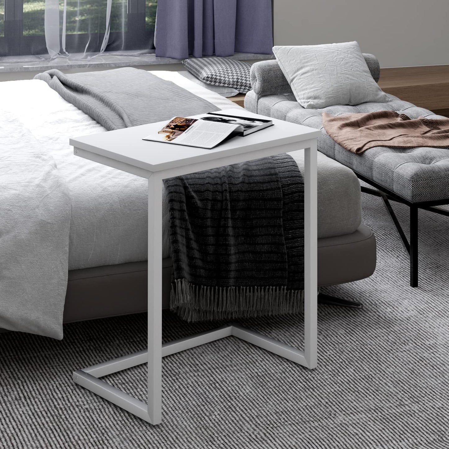 Sofa C Side End Table Wood Accent Couch Coffee Tray Snack Notebook Laptop Holder Over Bed Stand Reading Desk White Color 22x14x27 Inch Space Saving for Living Room Bedroom