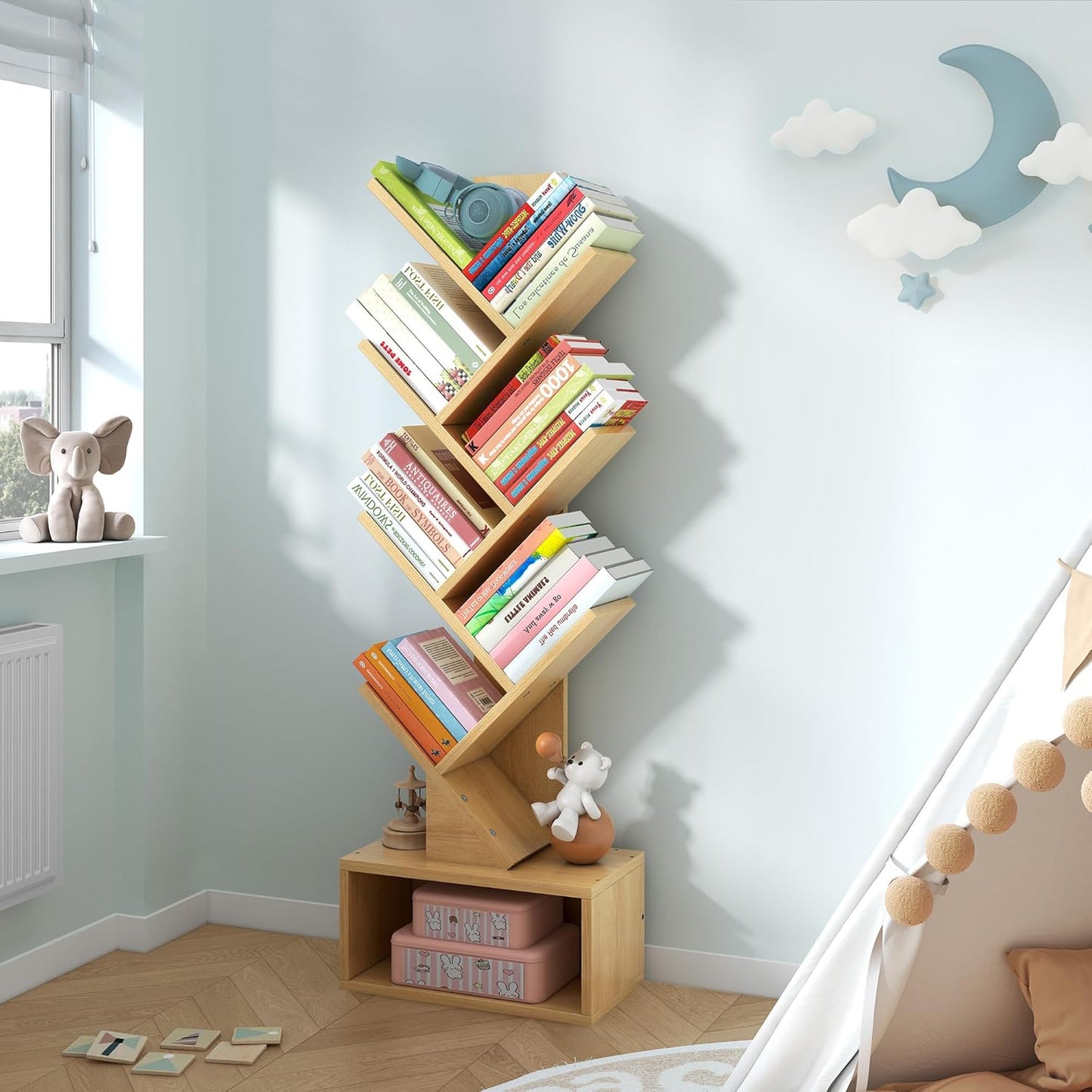 Hoctieon 6 Tier Tree Bookshelf, Tall Bookcase with Drawer, Freestanding Book Shelf, Display Floor Standing Storage Shelf, Book Organizer Shelves for Home Office, Living Room, Bedroom, Yellow