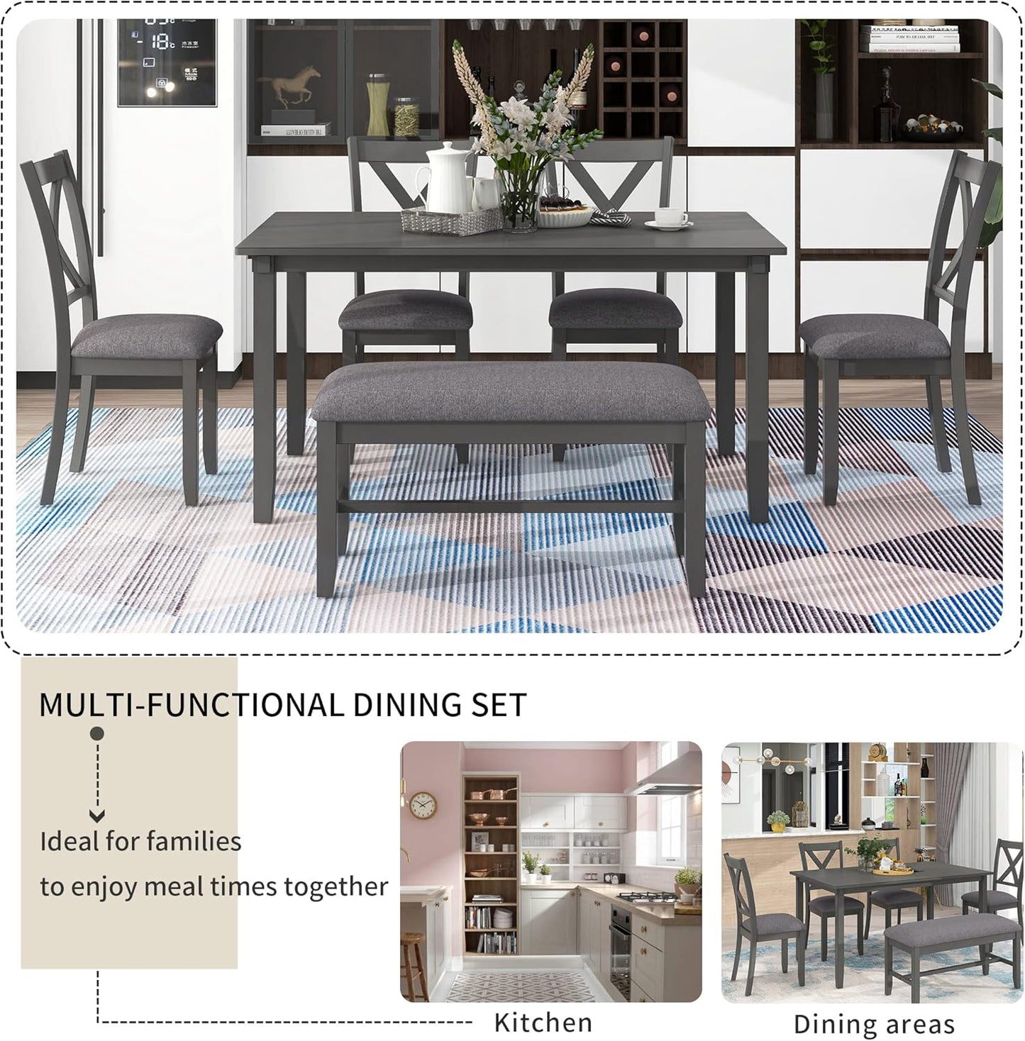 Merax 6-Piece Kitchen Dining Table Set Wooden Rectangular Dining Table, 4 Dining Chair and Bench Family Furniture for 6 People, Grey