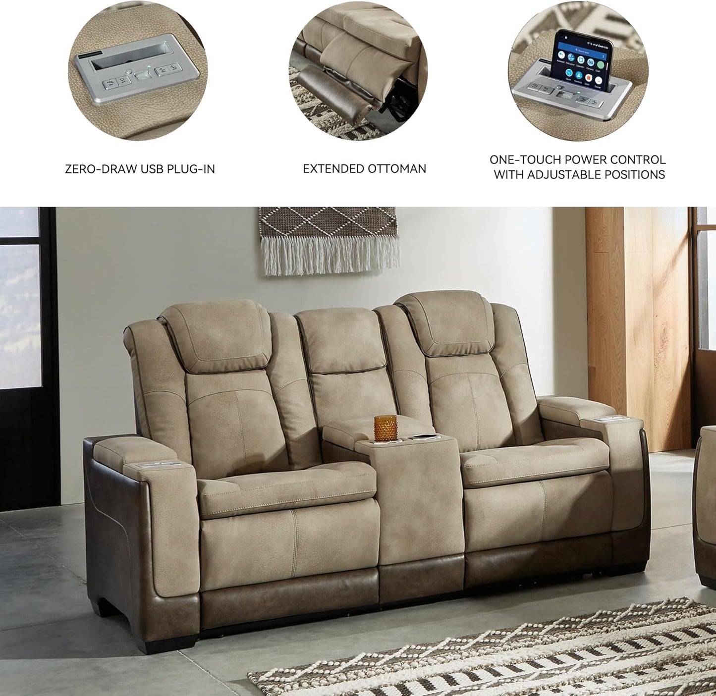 Signature Design by Ashley Next-Gen DuraPella Power Reclining Loveseat with Console & Adjustable Headrest, Sand