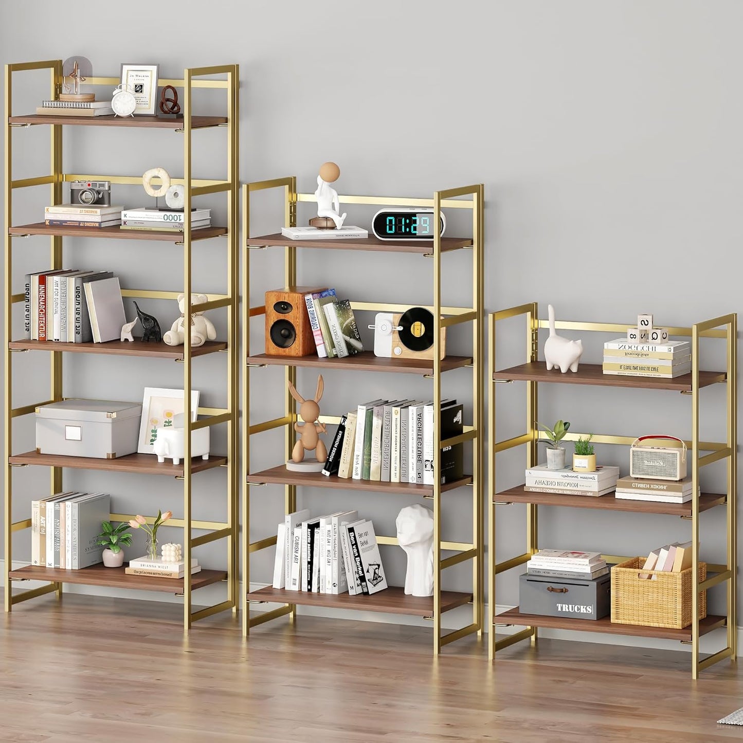 BHG Vintage Multifunctional Folding Bookshelf,5 Tier No-Assembly Plant Stand Storage Rack Shelves for Home Office (Brown&Gold, 5-Tier)