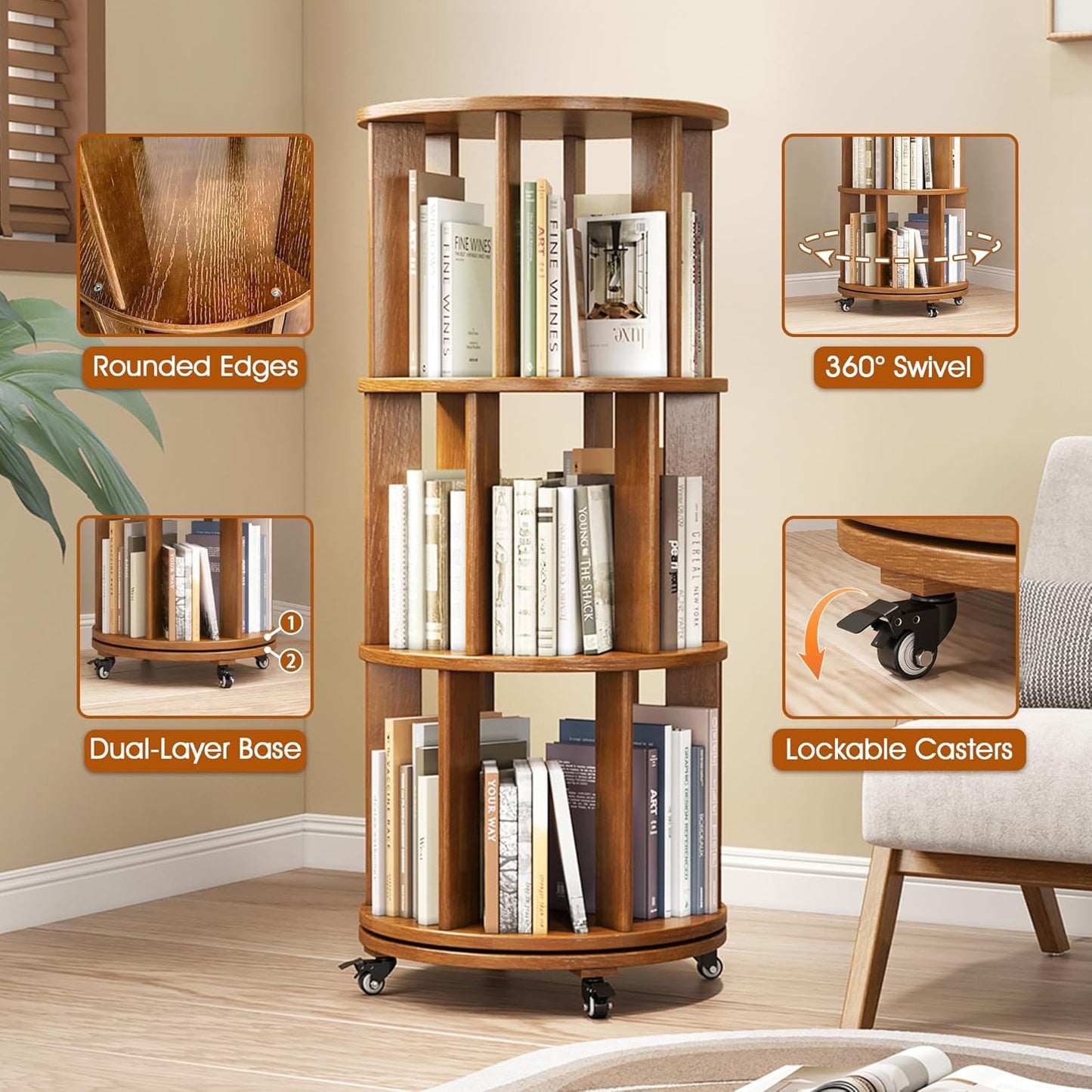 3 Tier Rotating Bookshelf Tower Spinning Bookshelf with Swivel Wheels Book Shelf Rotating Storage Tower for Kids Adult Narrow Walnut Solid Wood Revolving Bookcase Organizer for Bedroom Living Room