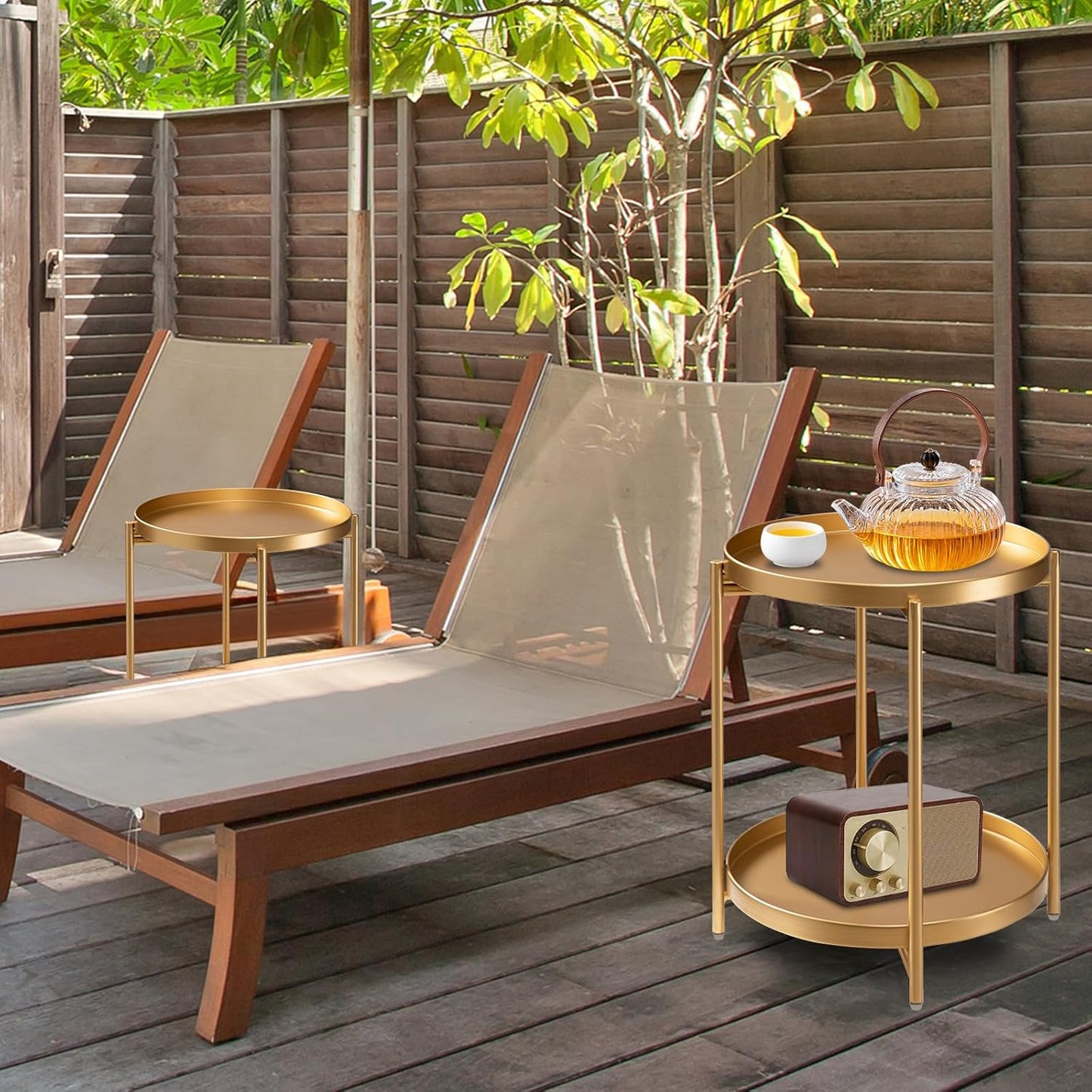 danpinera 2-Tier End Table, Outdoor Side Table Metal Round Side Table with Removable Tray, Small Folding Accent Table, Anti-Rust Nightstand for Bedroom Balcony Patio Living Room (Gold)