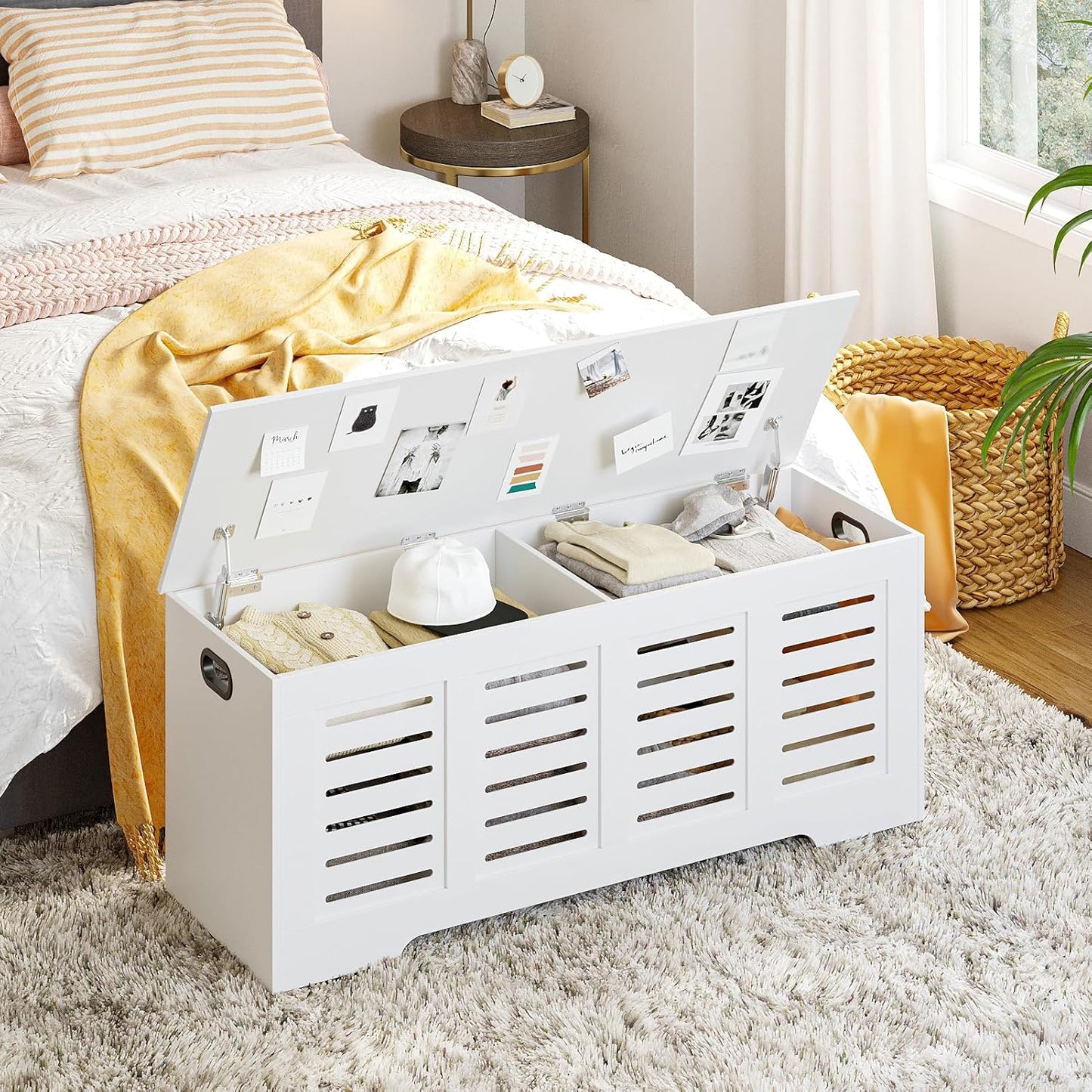 DINZI LVJ Storage Chest, 47.3” Wooden Toy Box with 2 Safety Hinges, Retro Entryway Shoe Storage Bench with Flip-Top, Sturdy Large Storage Trunk for Living Room, Bedroom, Easy Assembly, White