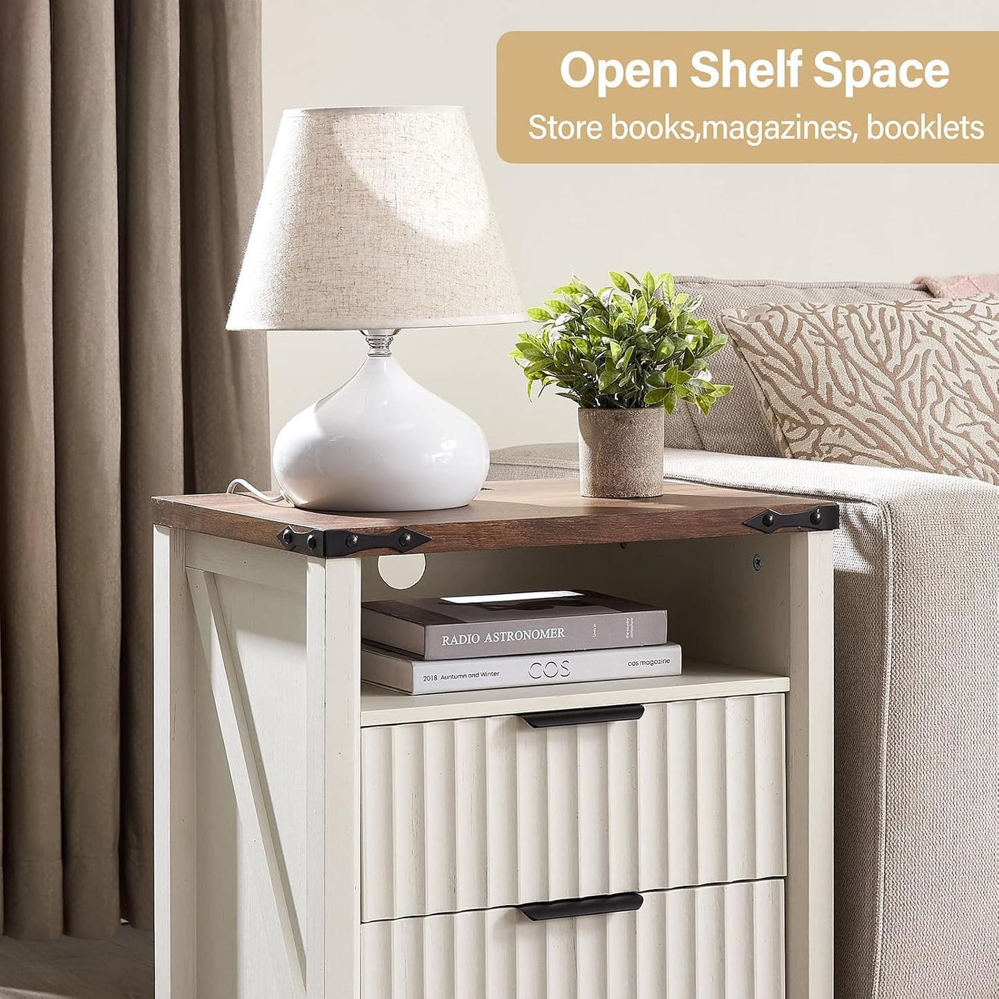 Antique White Night Stand with Charging Station - 20 Inch Farmhouse Fluted Bedside Table with 2 Drawers, Modern Wood End Side Table for Bedroom Home Study Storage