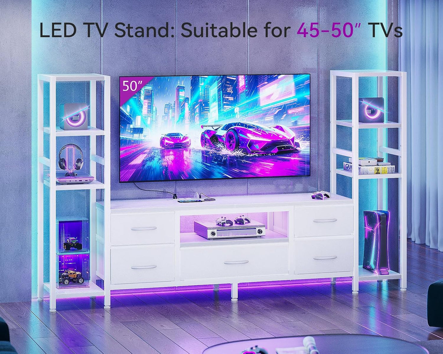 Casaottima 71" TV Stands for 43, 50, 55 Inch TV Entertainment Center with LED Lights and Power Outlets, TV Stand for Living Room with 5 Fabric Drawers & Shelf, TV Console Cabinet for Bedroom, White