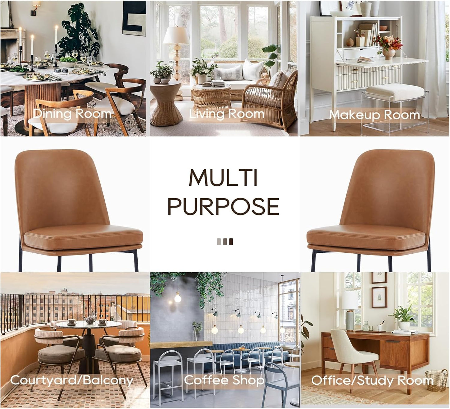 COLAMY Modern Dining Chairs Set of 6, Faux Leather Upholstered Kitchen Chairs with Curved Back & Metal Legs, Mid-Century Dining Room Chair (Brown)