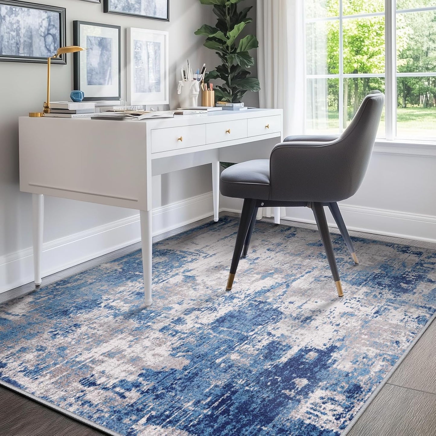 Washable Area Rugs 5'x7' Non-Slip Modern Abstract Soft for Living Room Entryway Bedroom Nursery, Print Pattern, Blue Grey Navy Gray