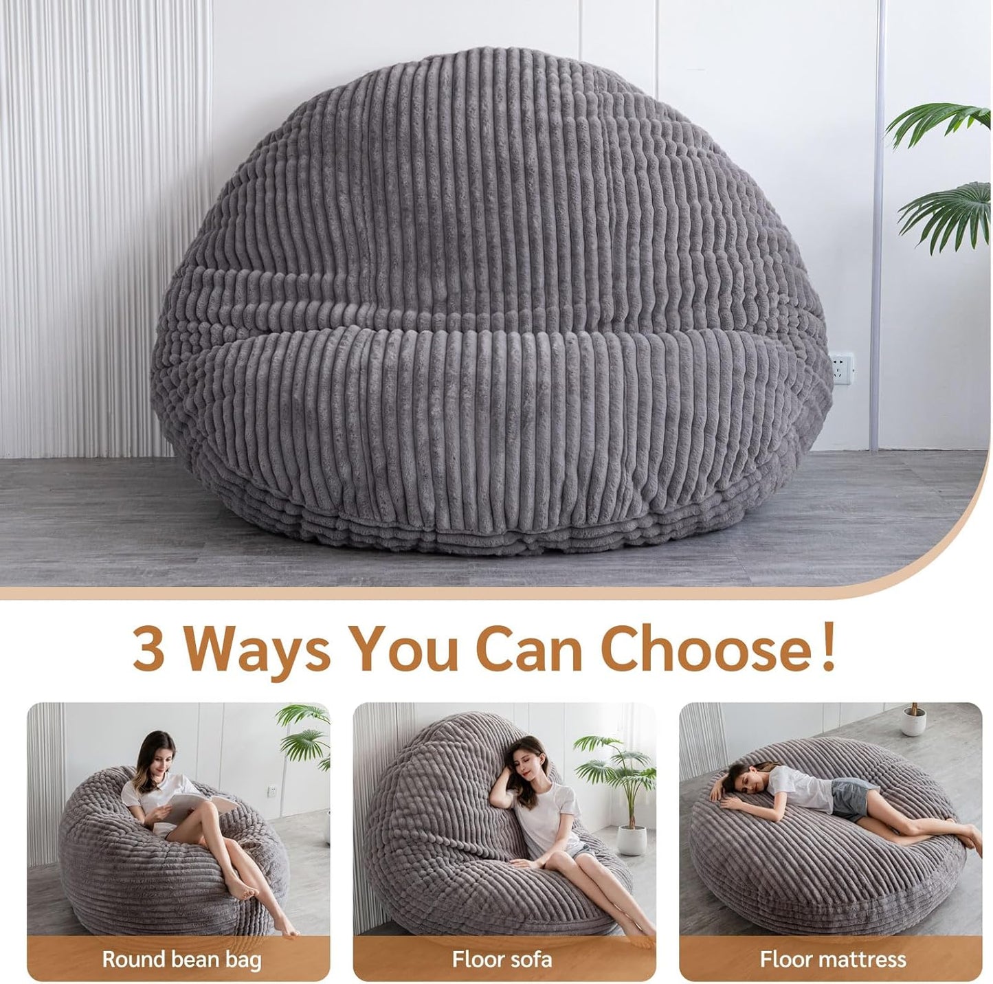 BYBYME 3 in 1 Bean Bag Chairs, Bean Bag Bed for Adults High-Density Foam Filling, Convertible Sofa Bed Faux Fur, Giant Bean Bag Chairs for Adults