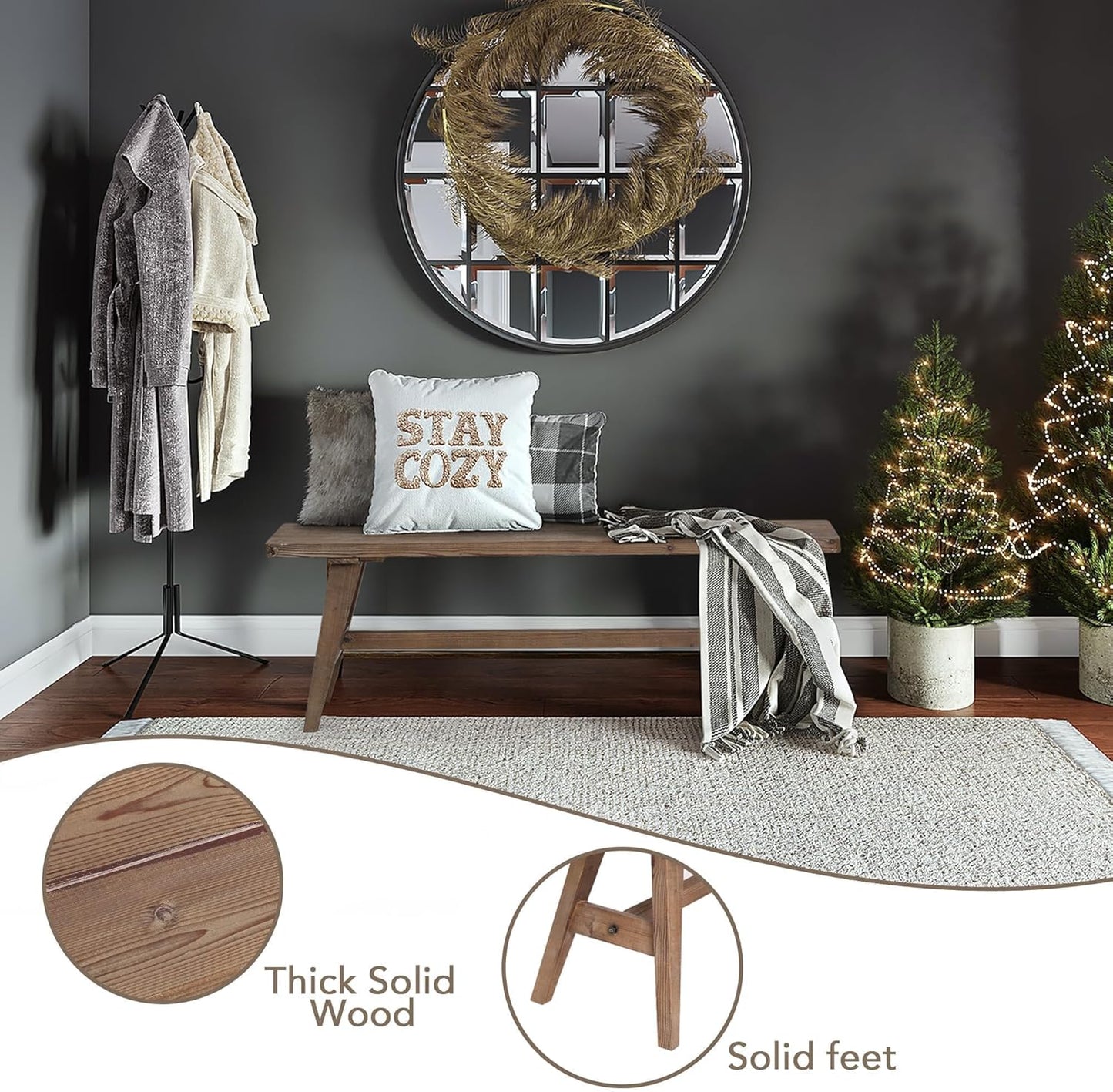 Wnutrees 47" Farmhouse Wood Bench, Dining Room Bench, Entryway Bench for Living Dining Room, Solid Wood, Easy to Assemble, Brown