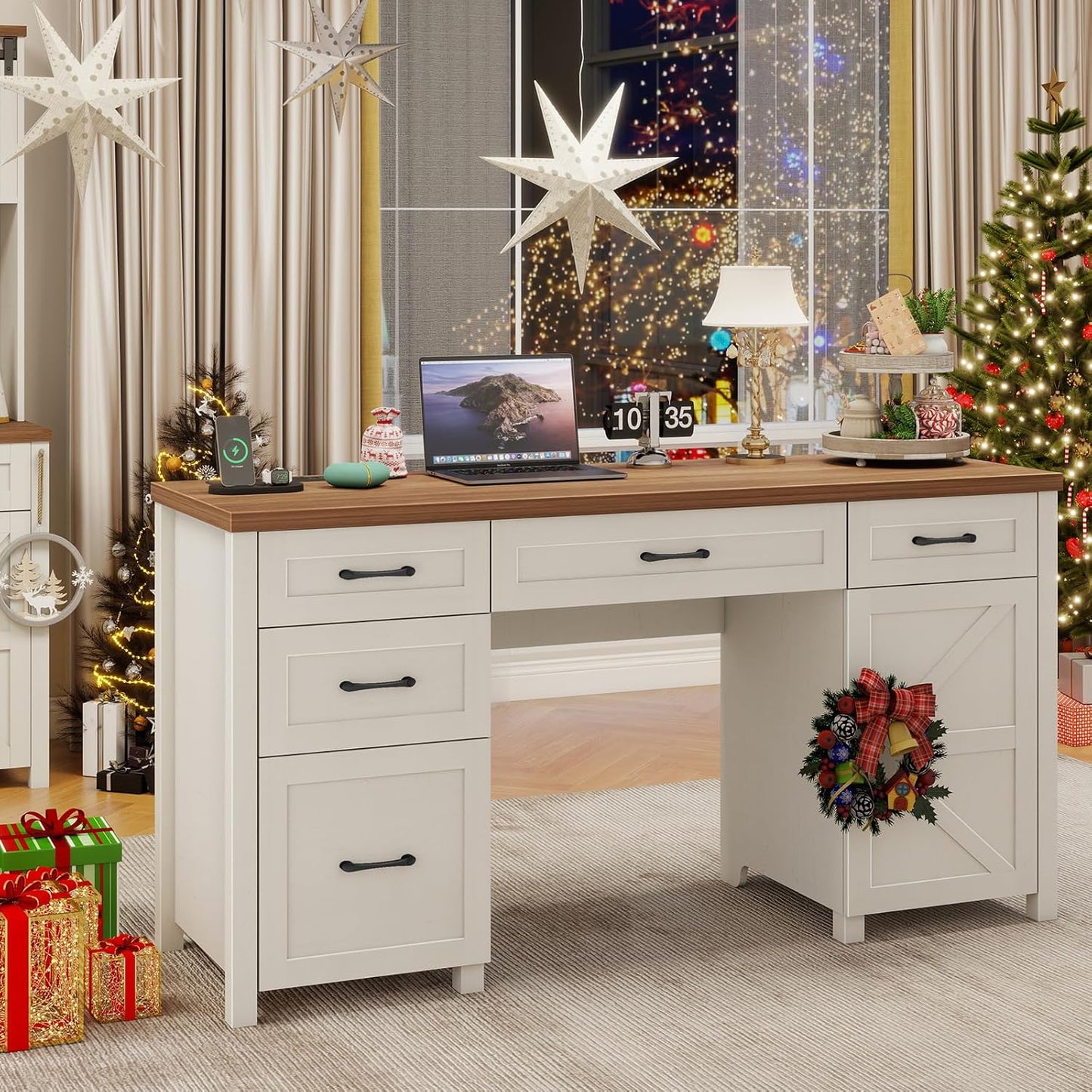 Farmhouse 61'' Executive Desk with 5 Drawers, Rustic Office Desk Computer Desk with Charging Station, File Drawers and Storage Cabinet, Wood Workstation for Home Office and Study.(Brown Top)