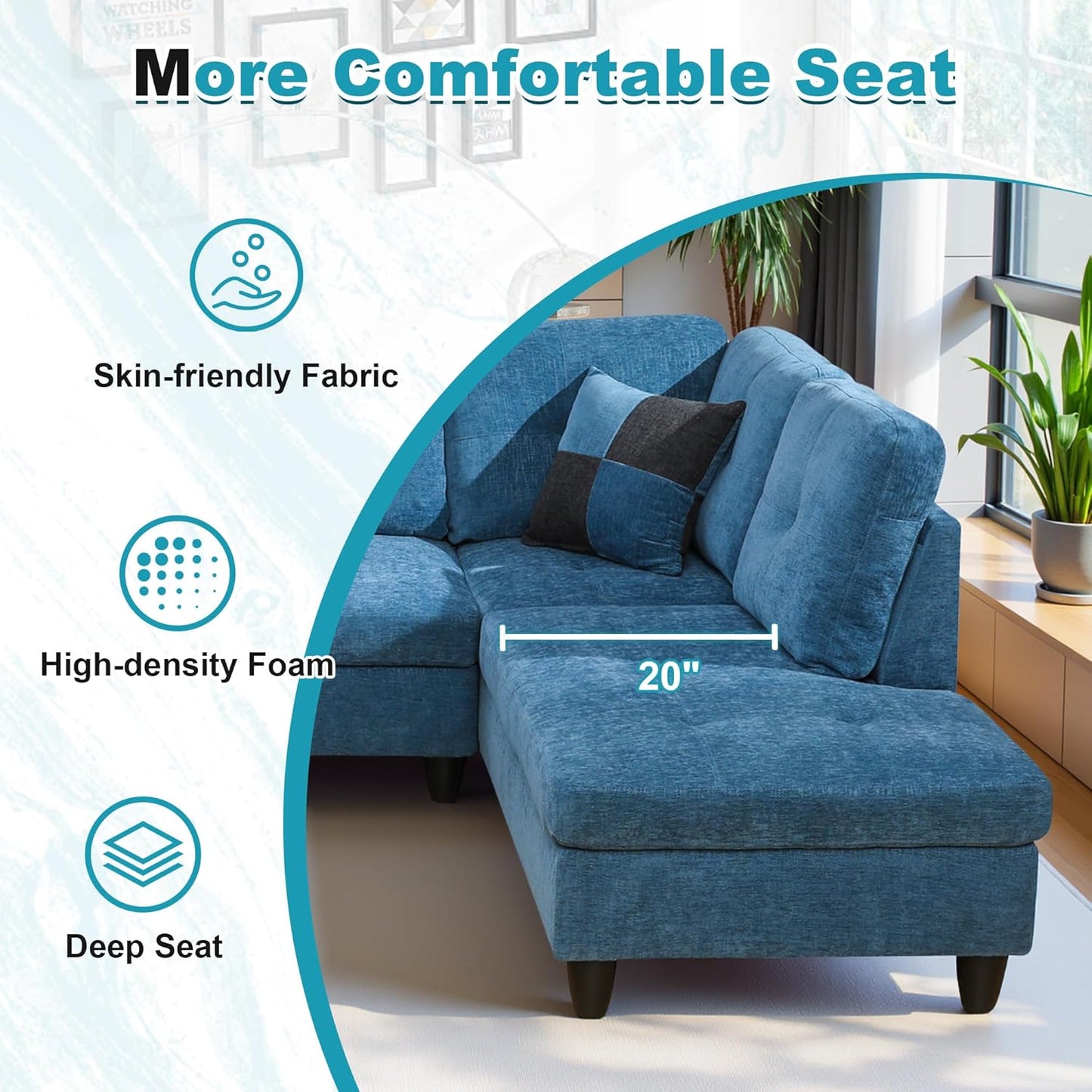 103.5" Oversized Sectional Couch, L Shaped Couch with Storage Ottoman, Modern Modular Sofa with Deep Seat, Sectional Couches for Living Room and Office, Blue (Flannel)