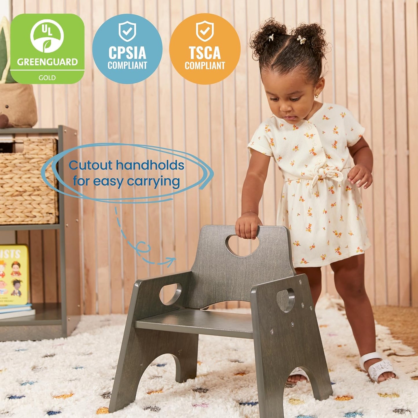 ECR4Kids Stackable Wooden Toddler Chair, 8in, Kids Furniture, Grey Wash, 2-Pack