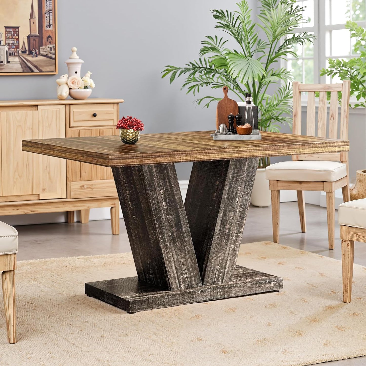 NicBex 47" Dining Table for 4 People, Farmhouse Dinner Table Small Dining Room Tables Rectangular Wooden Kitchen Tables with Heavy Duty Pedestal for Kitchen, Living Room, Black & Brown