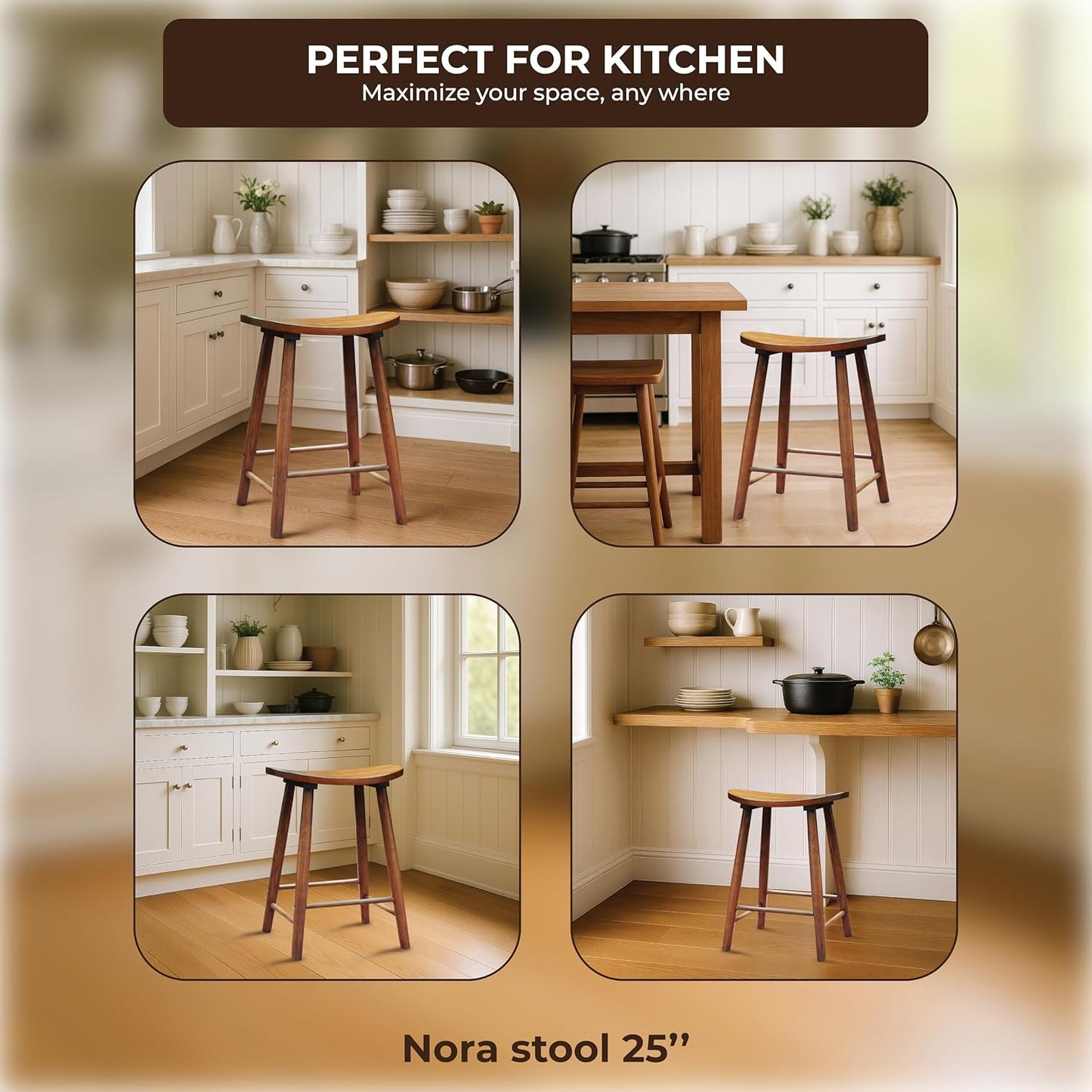 Nora 25" Counter Height Bar Stool, Backless Wooden Stool with Saddle Seat, Solid Rubber Wood Construction, Brown Finish, Ideal for Kitchen Island & Home Bar Seating