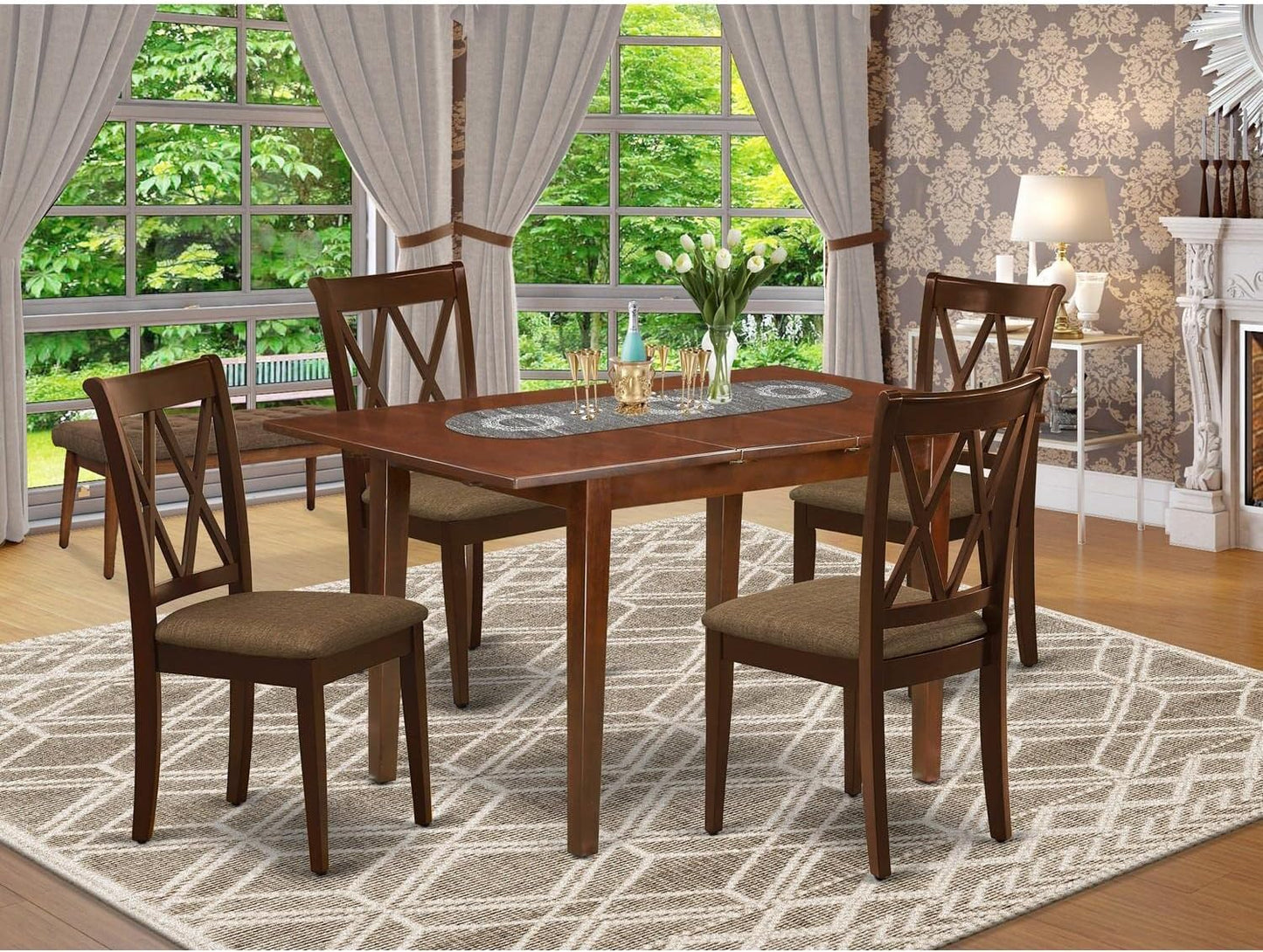 East West Furniture PSCL5-MAH-C 5 Piece Modern Dining Table Set Includes a Rectangle Wooden Table with Butterfly Leaf and 4 Linen Fabric Kitchen Dining Chairs, 32x60 Inch, Mahogany