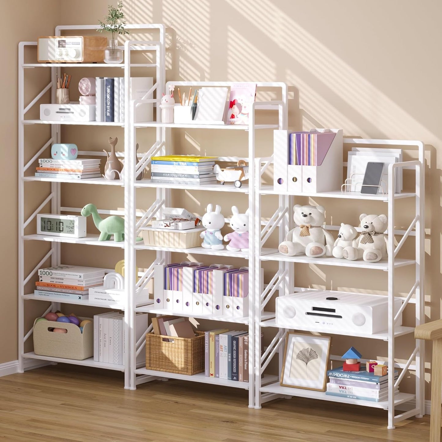 JSB No Assembly Folding Bookshelf, 6 Tier Industrial Metal Book Shelf for Storage, Vintage Wood Foldable Bookcase for Living Room, Bedroom, Office Organization Shelves