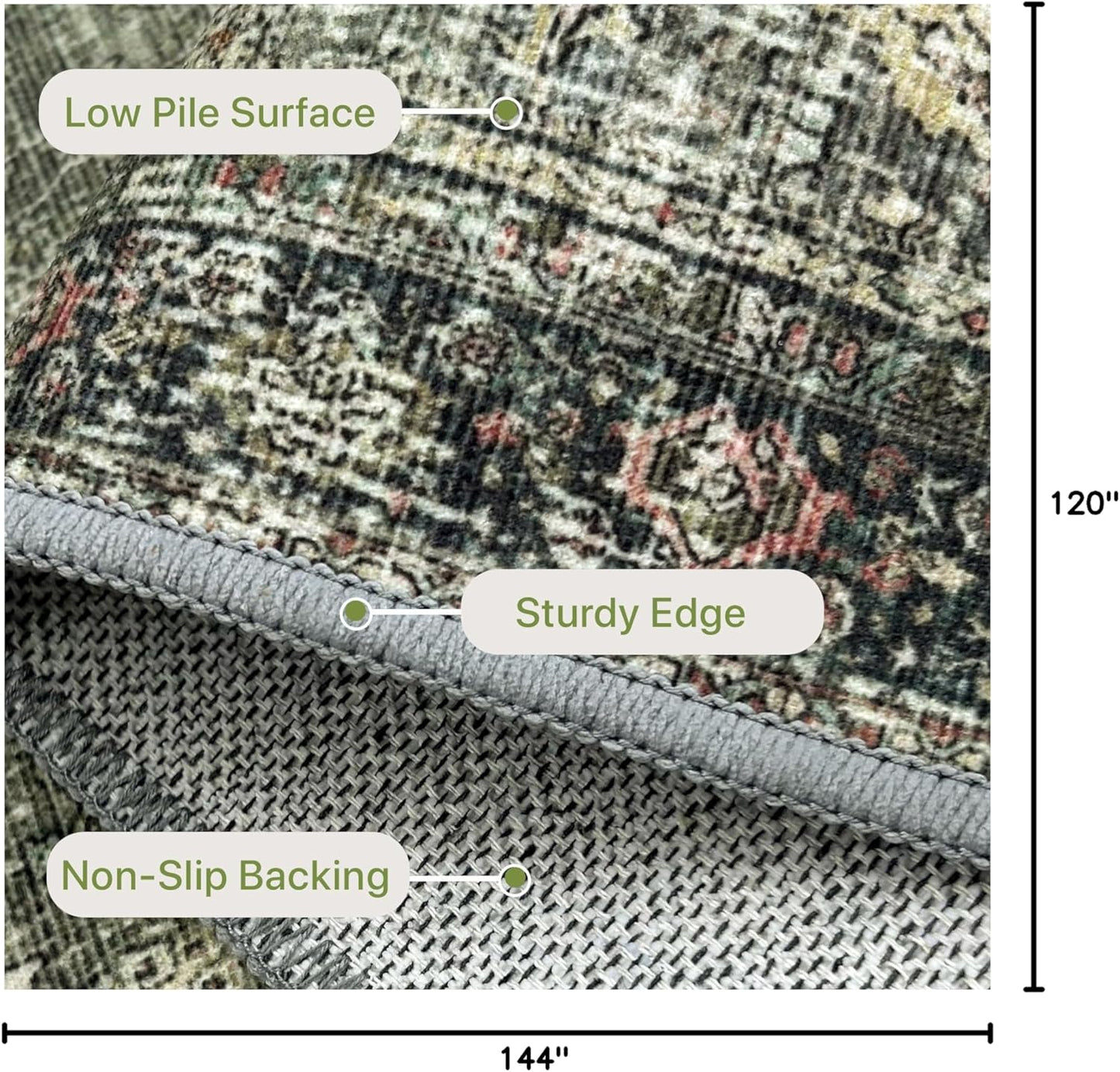 10X12 Area Rugs Machine Washable Rugs for Living Room, Vintage Boho Large Rugs for Bedroom Dining Room, Non Slip Indoor Soft Distressed Lightweight Thin Low Pile Carpet, Green