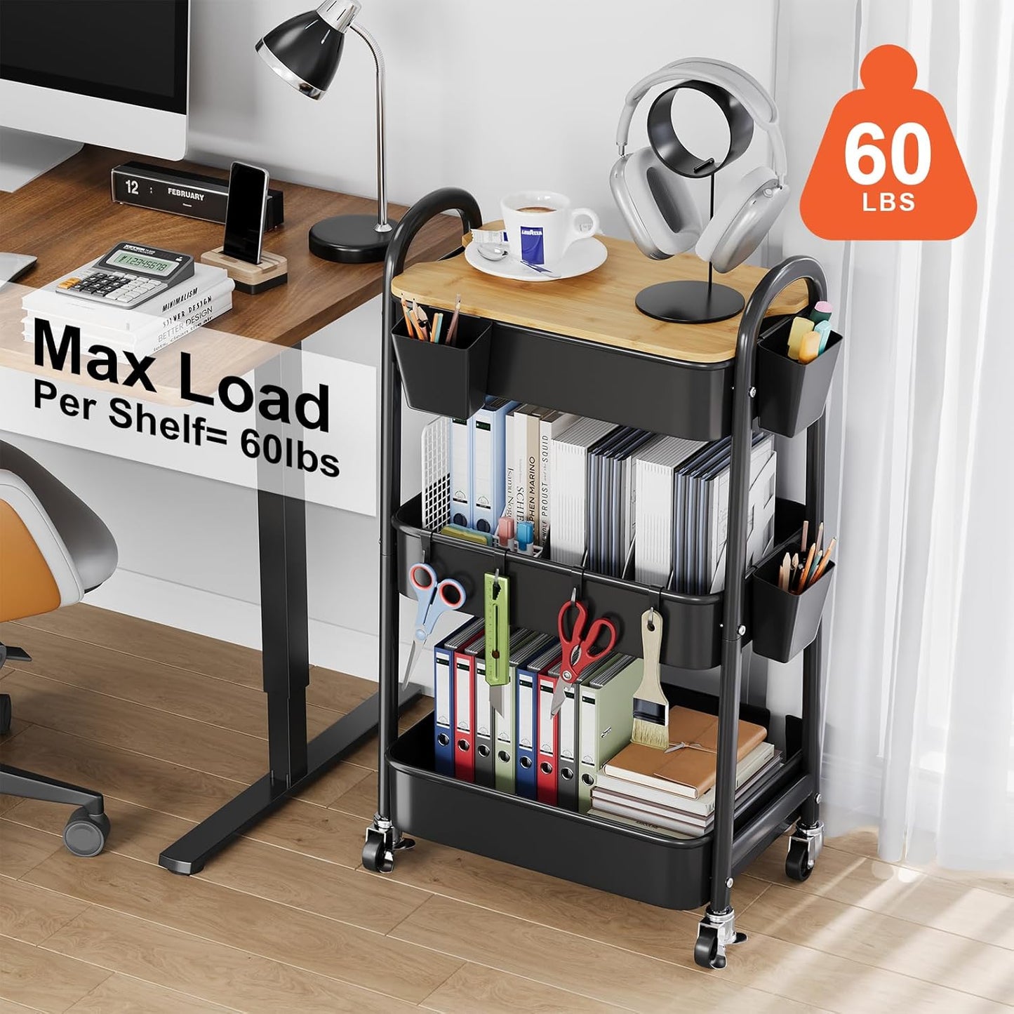 3 Tier Metal Rolling Cart with Wheels and Wooden Table Top, Three Tiered Craft Cart Organizer on Wheels, Black Storage Utility Carts for Art, Diaper Caddy, Baby Nursery, Office, Laundry, Snack, Book