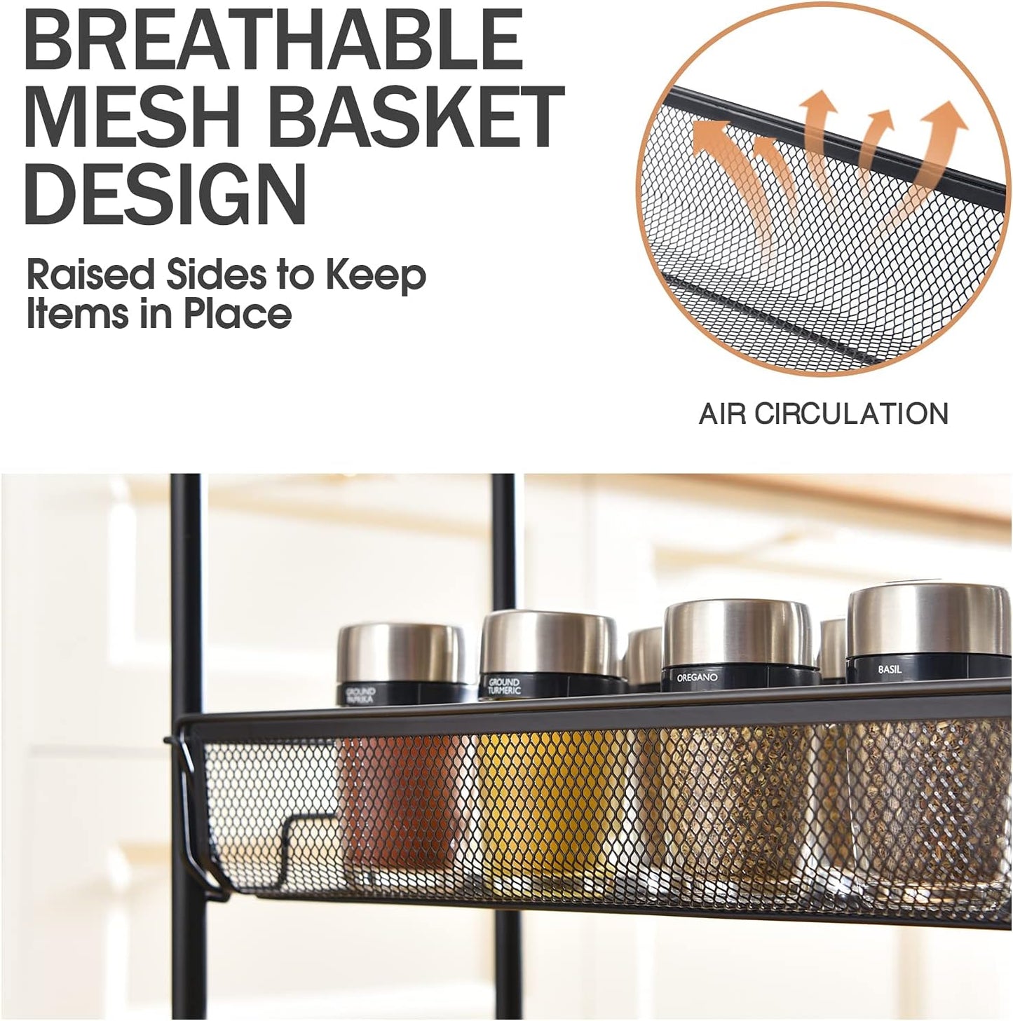 KINGRACK 4-Tier Slim Rolling Cart,Metal Utility Cart,Slide Out Storage Cart with Wooden Tabletop and Mesh Baskets for Narrow Space on Kitchen Bathroom Laundry Room Bedroom Apartments Dormitory, Black