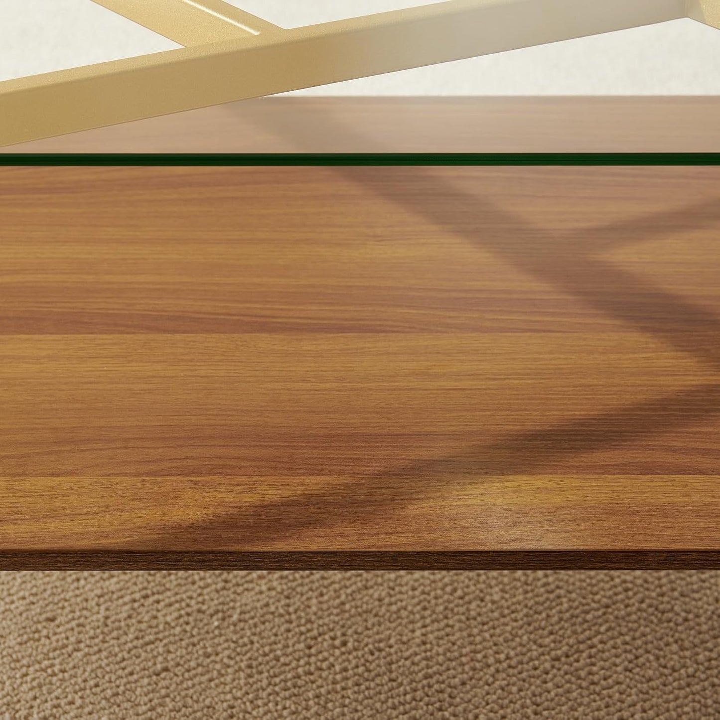 Rectangle Coffee Table, Mid-Century Modern Design, L41*W21*H17 inch, for Living Room, Clear Glass Top and Walnut Finish Wood Shelf, Conical Metal Legs with Gold Finish