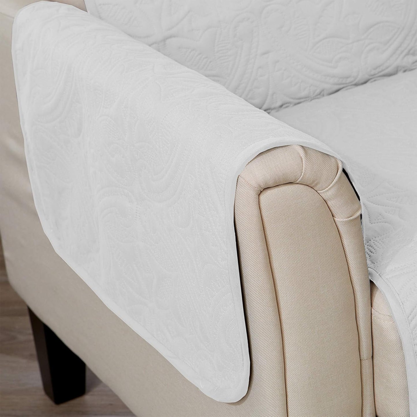 Great Bay Home Medallion Stitched Solid Furniture Protector Stain Resistant Durable Furniture Protector Elenor Collection (Chair, White/Sand)
