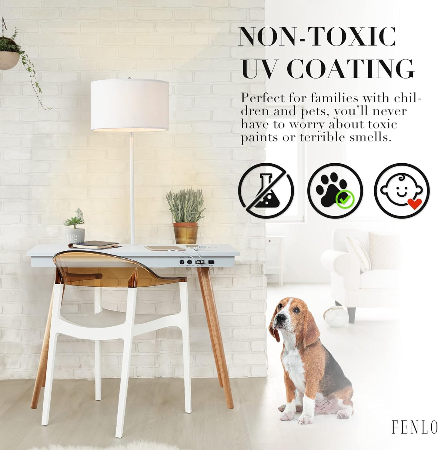 FENLO Future 39" Mid Century Modern Desk for Home Office, Office Desk with USB Charging Station, Wireless Charging, USB, USB-C Ports, White