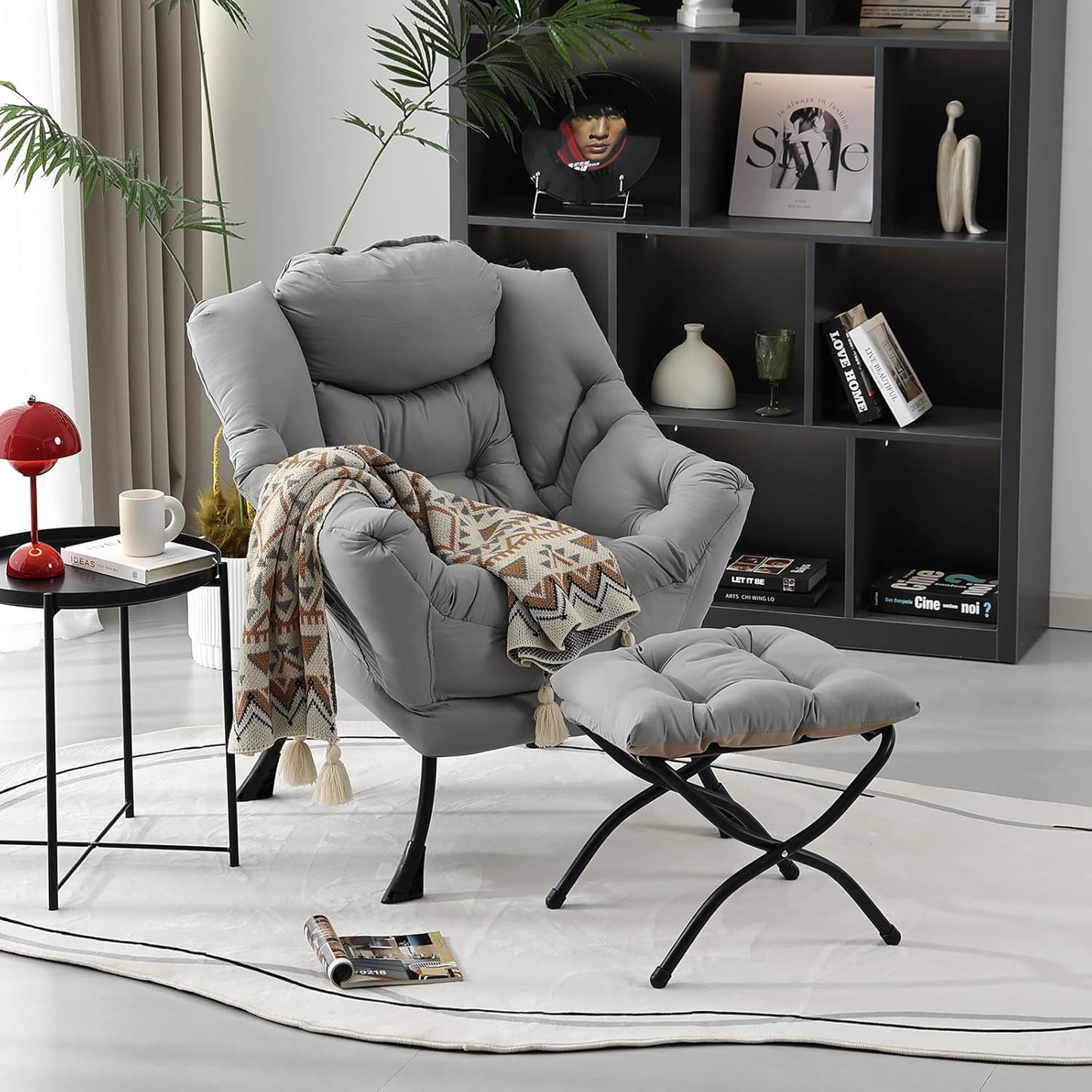 Lazy Chair with Folding Ottoman, Modern Accent Lounge Armchair with Armrests and a Side Pocket & Foldable Footstool, Leisure Reading Chair for Living Room, Bedroom, Dorm & Office, Light Grey