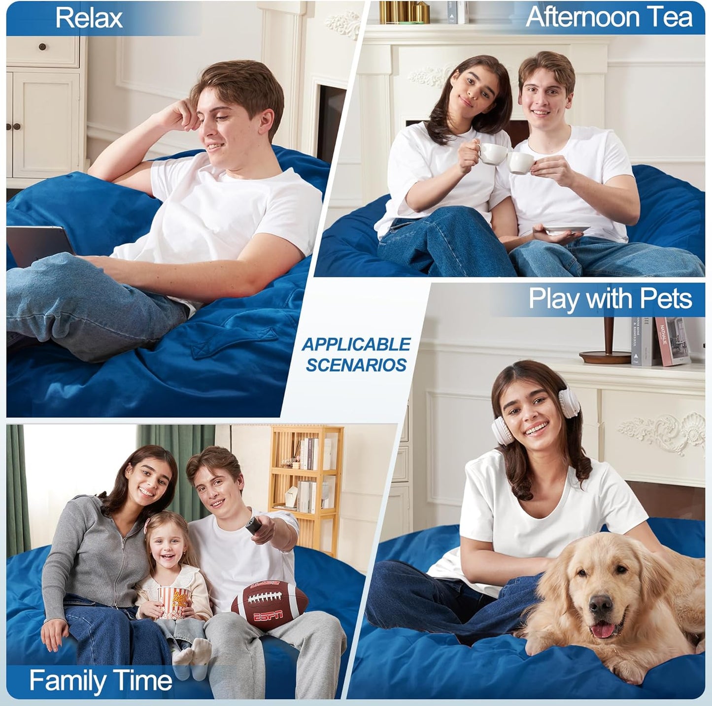 Homguava 6FT Bean Bag Chair Giant BeanBag with Memory Foam Filled, Large Bean Bag Chairs for Adults, Adult Bean Bag Chair with Dutch Velvet Cover for Living Room Bedroom-Blue