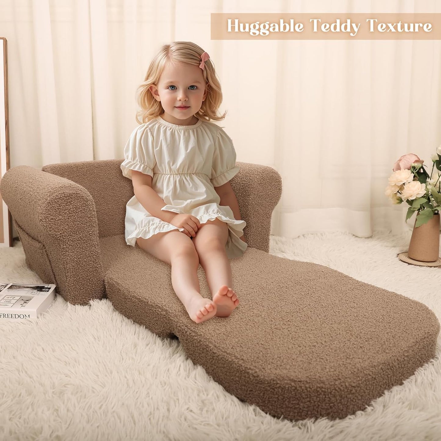 Chairs for Toddler, 2-in-1 Toddler Soft Teddy Baby Couch Fold Out, Convertible Chair to Lounger for Girls and Boys|Safety Certified | Gift for Children