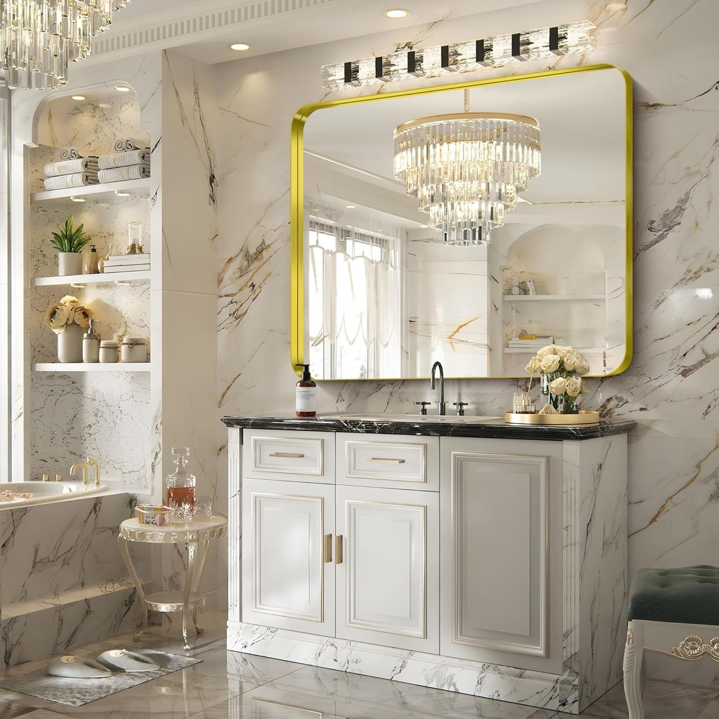 FORBATH 48x40 Inch Bathroom Mirror, Brushed Gold Deep Frame Wall Mirror with Rounded Corners, Anti-Rust Tempered Glass for Modern Farmhouse Vanity (Horizontal/Vertical)