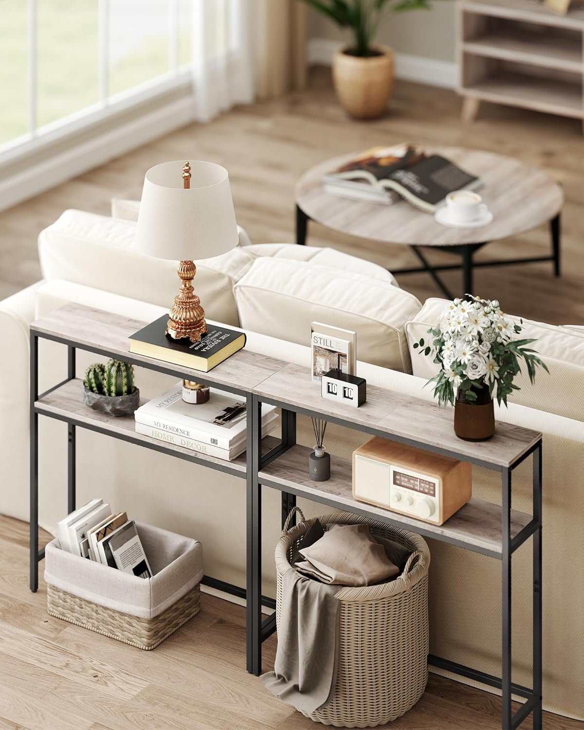 VASAGLE Console Table, 2-Tier Narrow Sofa Table with 2 Shelves, 7.9 x 31.5 x 31.5 Inches, for Living Room, Hallway, Entryway, Heather Greige and Ink Black ULNT130K02V1