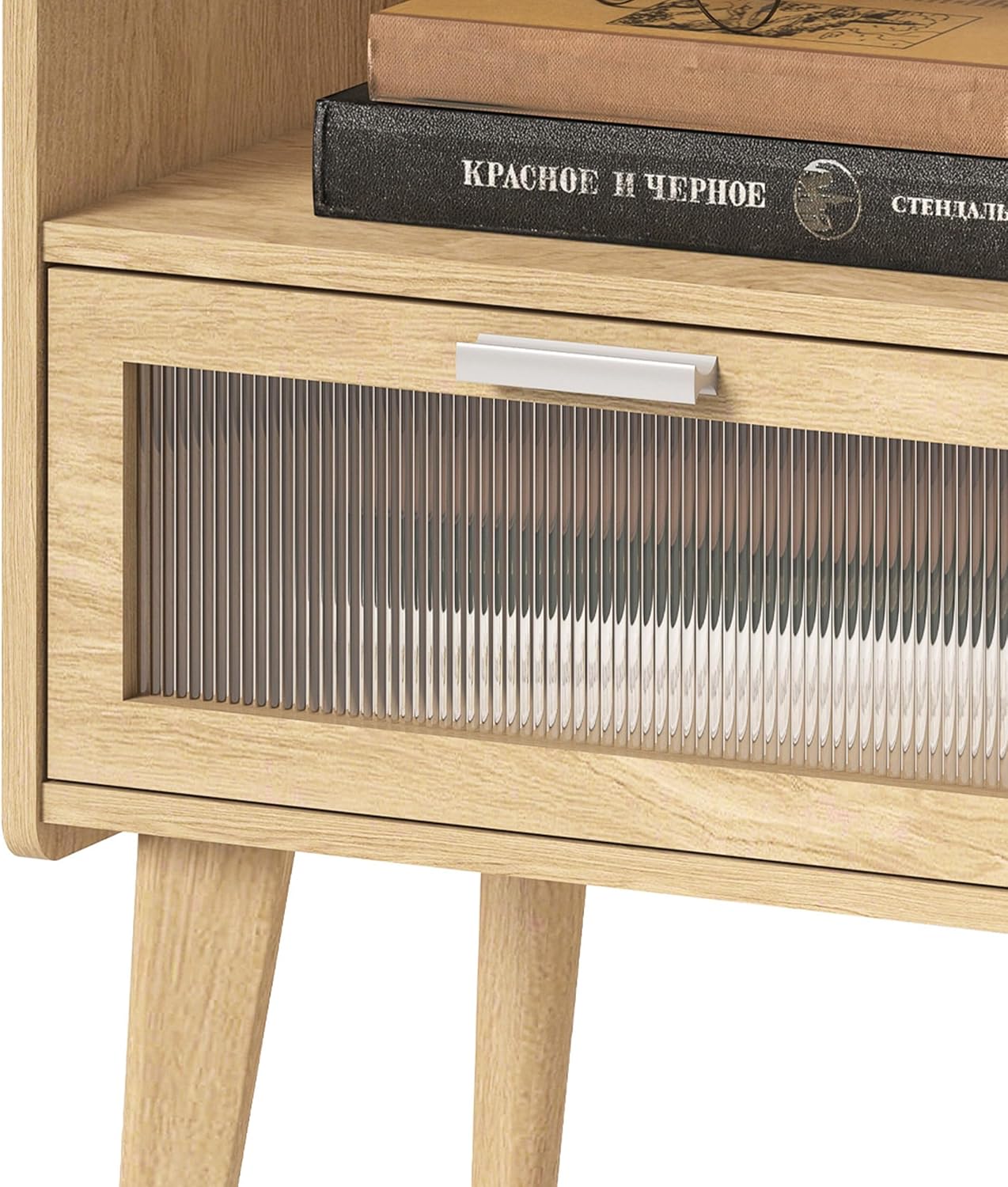 Nightstand with Charging Station, Bedside Tables with Glass Decorative Door, Natural End Table, Side Table with 2 Tiers Storage Space for Bedroom Living Room CAMLBZ07YE