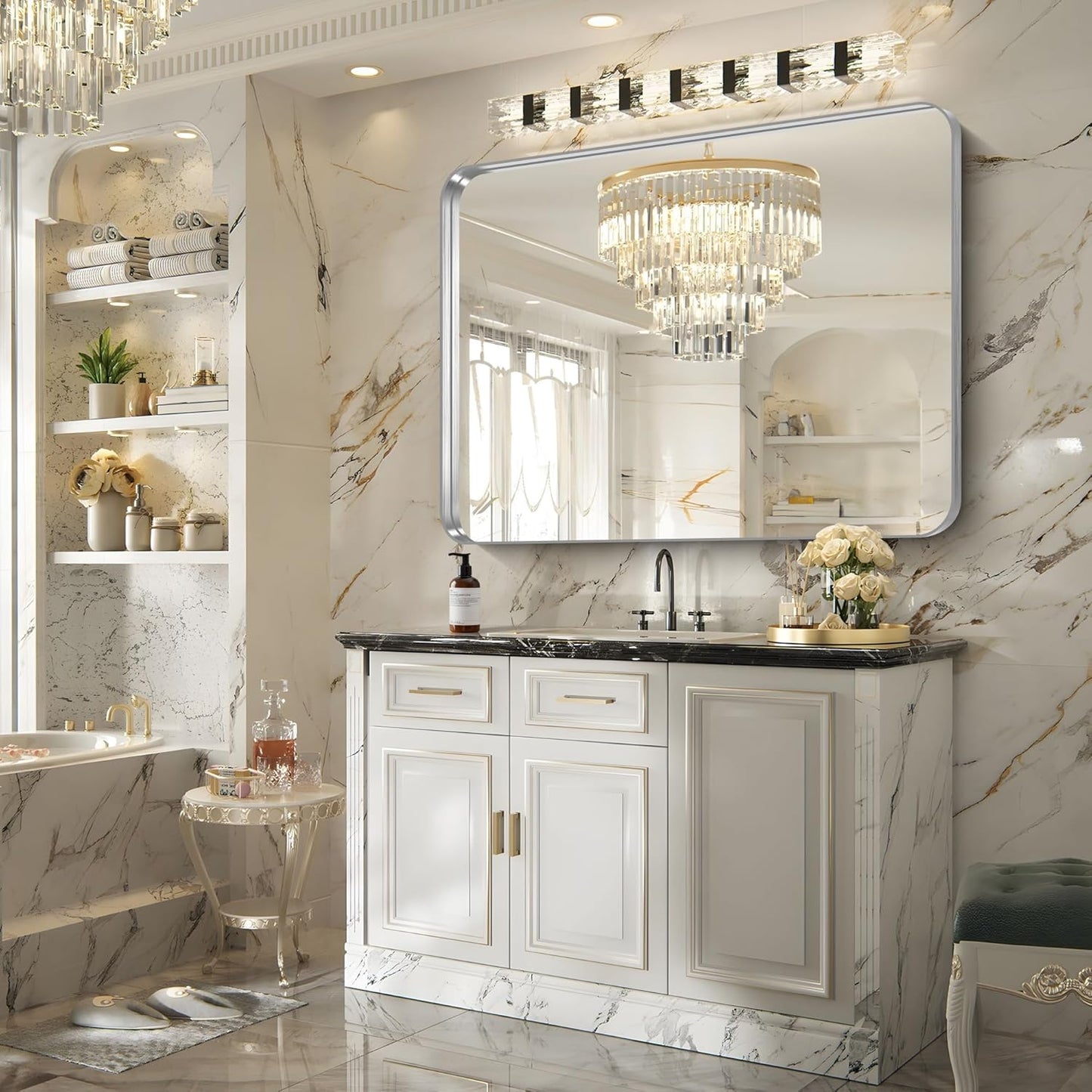 FORBATH 48x36 Inch Bathroom Mirror, Brushed Silver Deep Frame Wall Mirror with Rounded Corners, Anti-Rust Tempered Glass for Modern Farmhouse Vanity (Horizontal/Vertical Hanging)