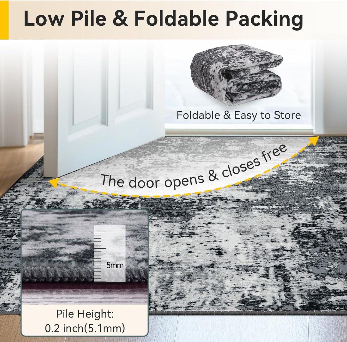 Washable Area Rugs 6'x9' Non-Slip Modern Abstract Soft for Living Room Entryway Bedroom Nursery, Print Pattern, Black Gray