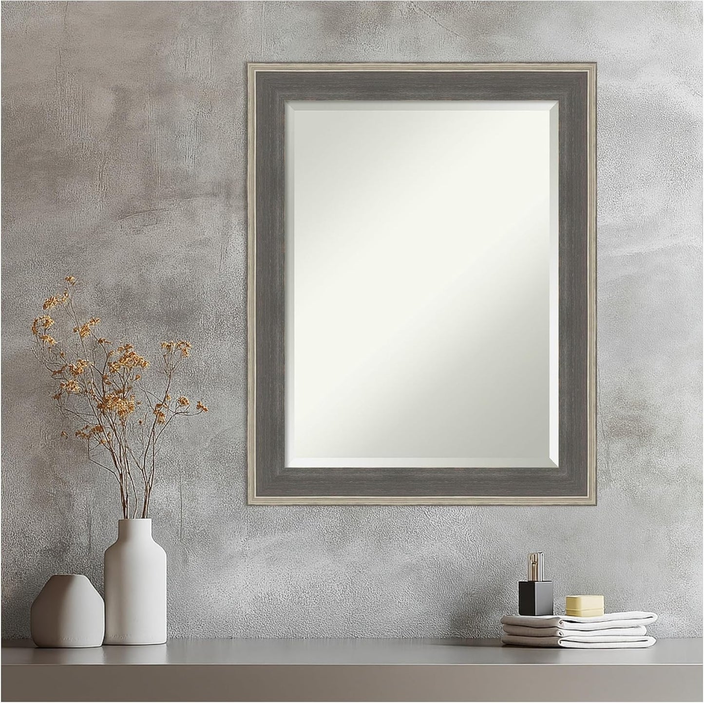 Amanti Art Grey Wall Mirror 29x23 Cottage Grey Silver Rectangle Bathroom Mirror for Wall Decor Living Room, Medium Casual Wood Frame, Hangs Horizonally and Vertically, Bathroom Decor, Beveled Edge