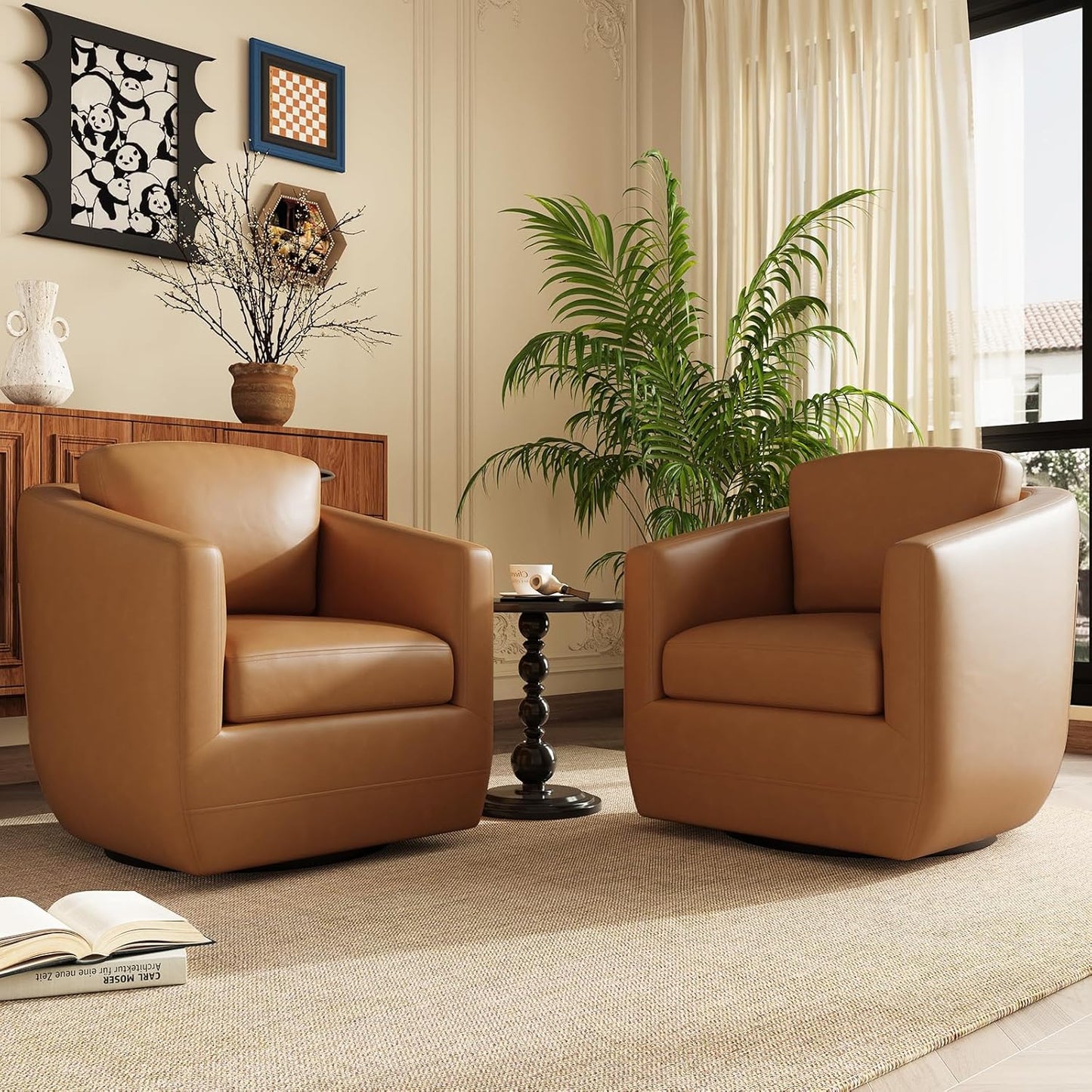 COLAMY 360° Swivel Accent Chair Set of 2 with Pillow - Comfy Living Room Armchair No-Sag Foam & Sturdy Metal Base, Fully Assembled Swivel Accent Single Sofa for Bedroom Living Room, Office, Brown