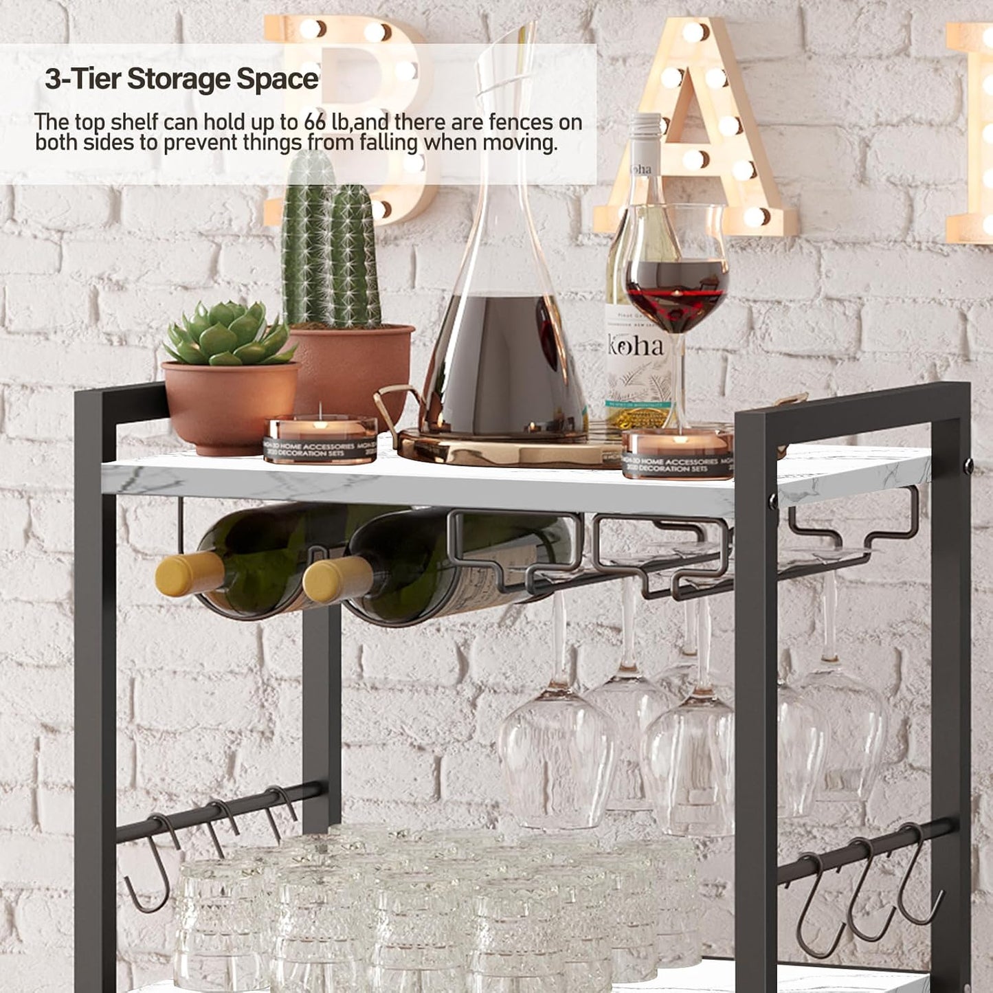 TUTOTAK Bar Cart, Home Bar Serving Cart, Small Wine Cart with 3-Tier Shelf, Beverage cart, Drink Cart with Wine Rack and Glass Holder, Rolling bar carts for Home, Living Room, Marble White BC01BM035