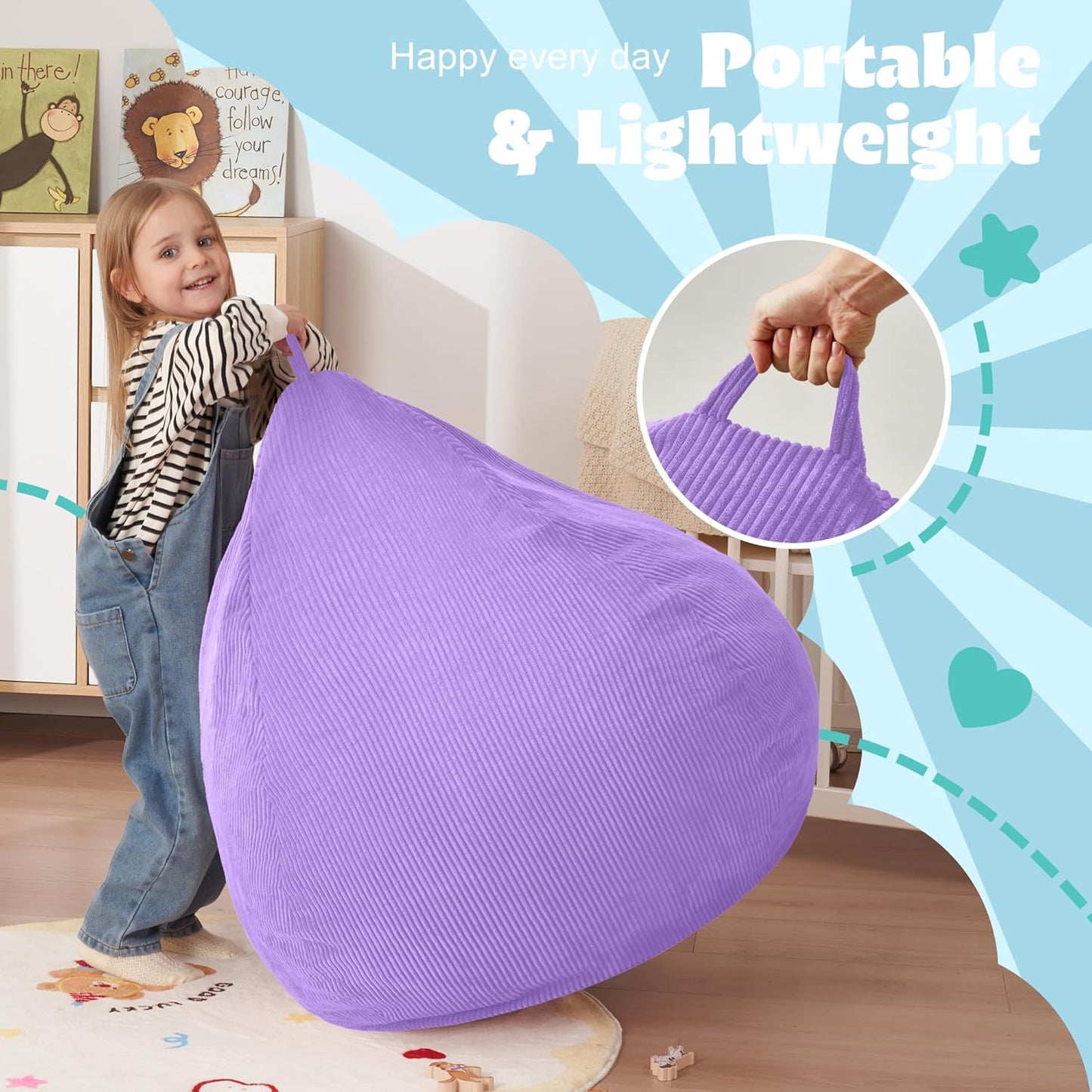 HABUTWAY 2 FT Bean Bag Chair,Giant Bean Bag Chairs,Big Bean Bags with Memory Foam Filled, Large Beanbag Chairs with Soft Corduroy Cover-Purple