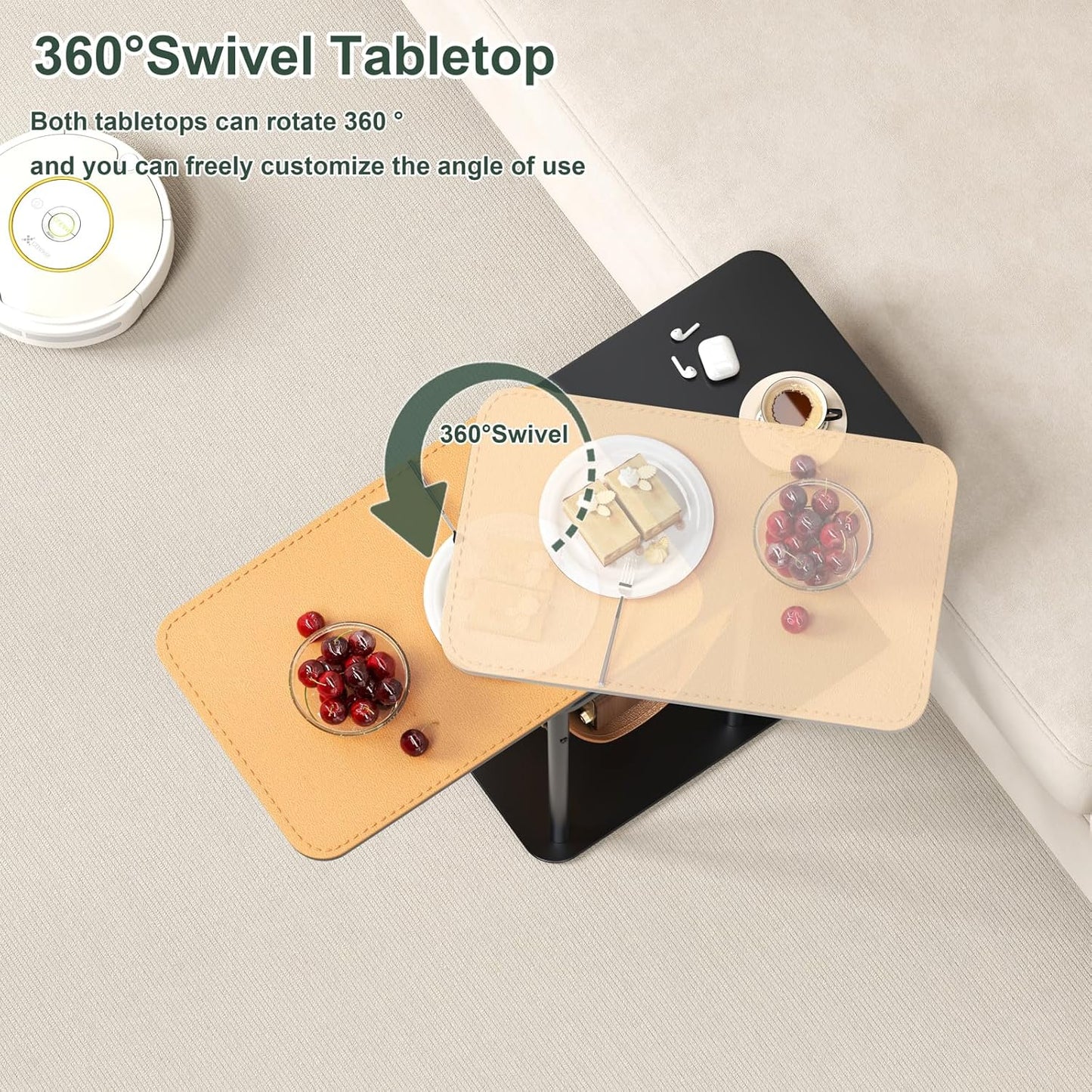 C Table End Table, Metal Base C Shaped Side Table, Double Tabletop Laptop Stand TV Table for Sofa and Bed, Couch Tables That Slide Under, Coffee Table for Bedroom Living Room Small Spaces (Walnut-1)