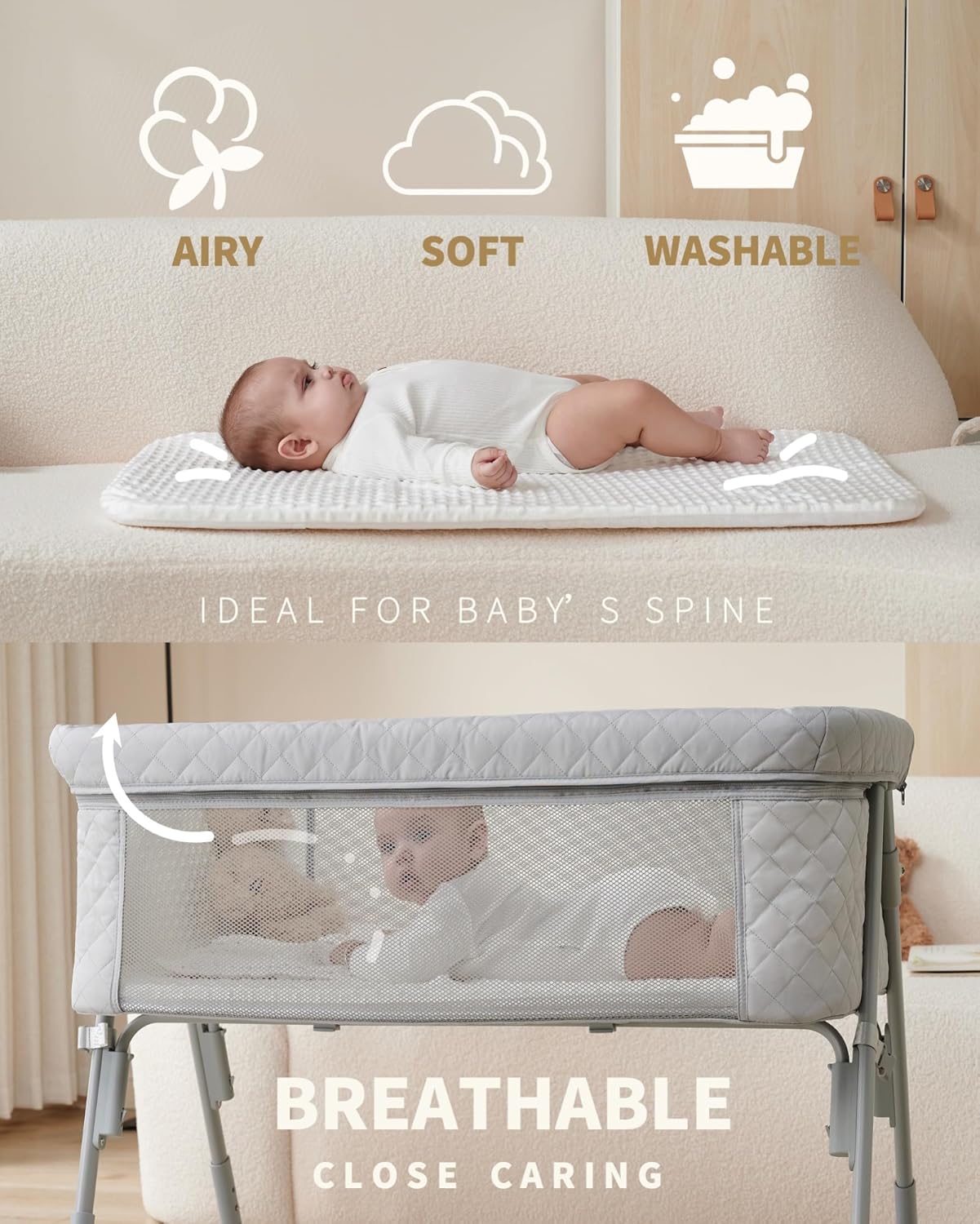 AirClub Bassinet Bedside Sleeper, Baby Crib for Newborn, Baby Bassinets Bedside Sleeper with 4 Auto-Lock & Adjustable Height, Breathable Mesh & Mattress, Bedside Bassinet