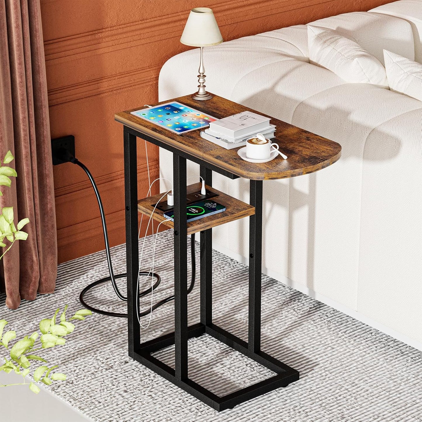 C Shaped End Table with Charging Station, Side Table for Living Room & Bedroom, Couch Laptop Table with USB Ports & Type-C Fast Charging Port, Snack Tray Table for Couch & Bed