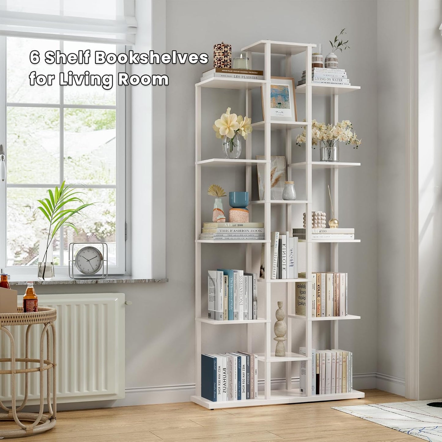 Bookshelf,Small Bookcase for Small Space,6-Tier Bookshelf for Living Room, Home Office, Study,7.87 x 26.77 x 55.5 Inches,White
