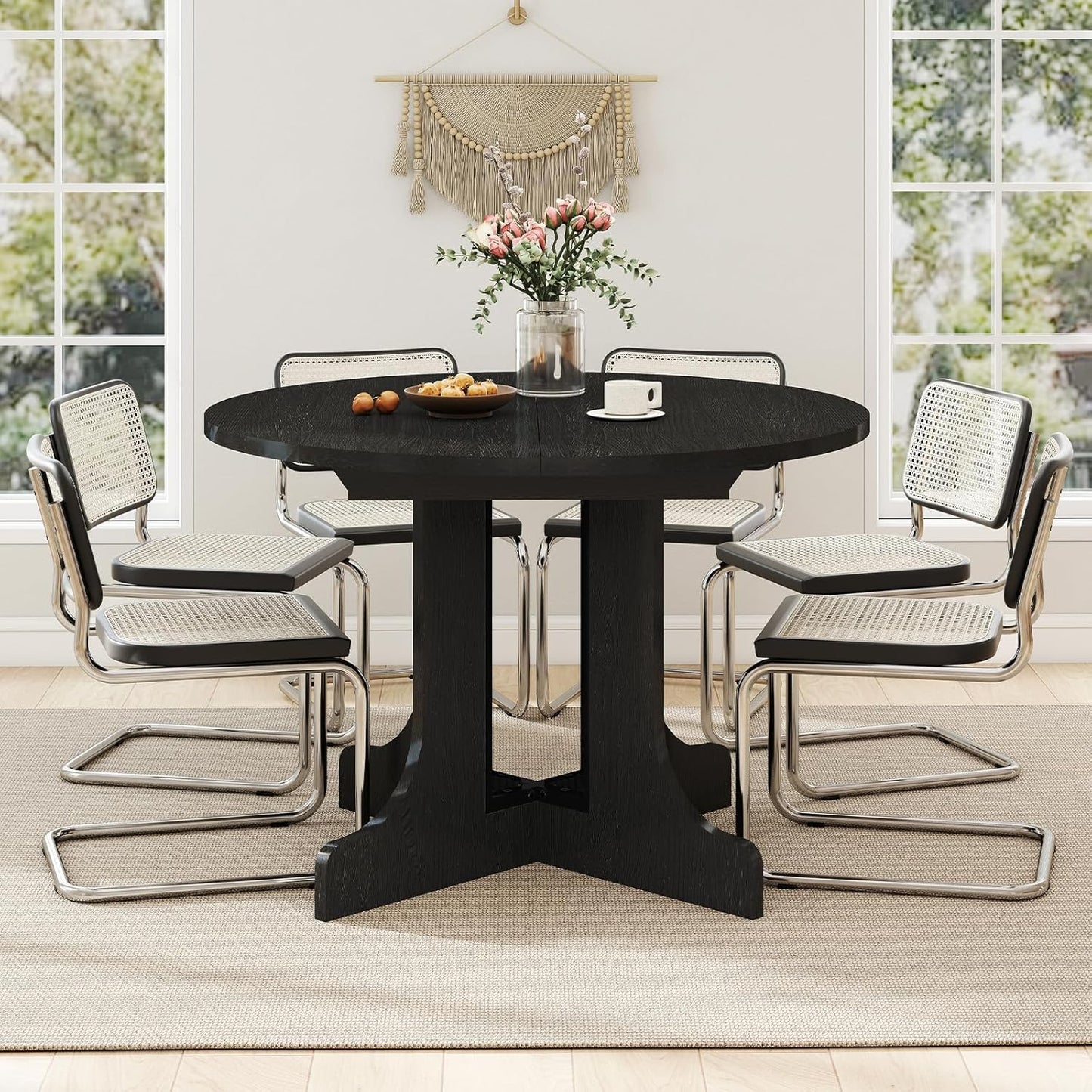 43"-59" Expandable Round Dining Table, Extendable Dining Room Table for 4-6, Oval Tabletop with Removable Leaf, Trestle X-Shaped Base & Metal Track for Dining Room, Living Room-Black