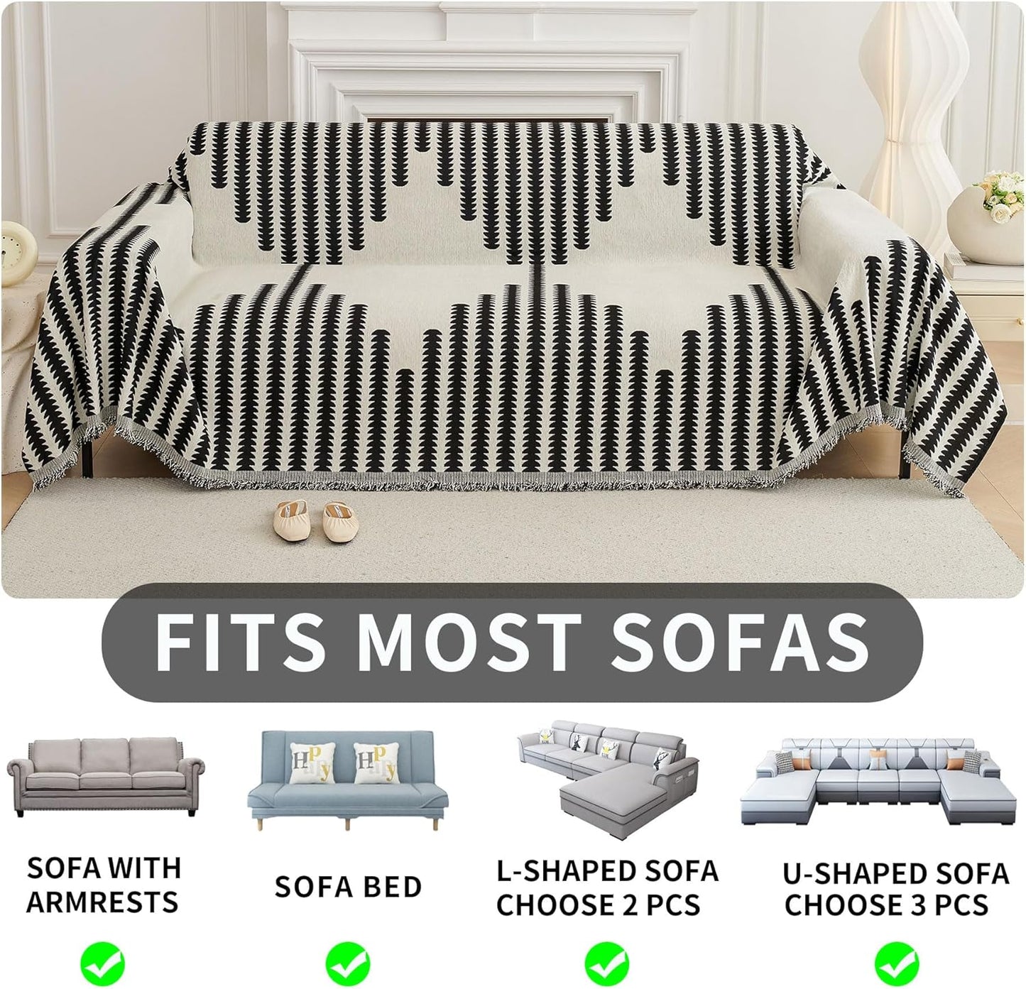 HAOMAIJIA Boho Sofa Covers Couch Covers for 3 Cushion Couch Sofa Pet Friendly Soft Thick Non Slip Couch Cover for Dogs Washable Sectional Couch Covers L Shape Furniture Protector (Black, 91"x134")