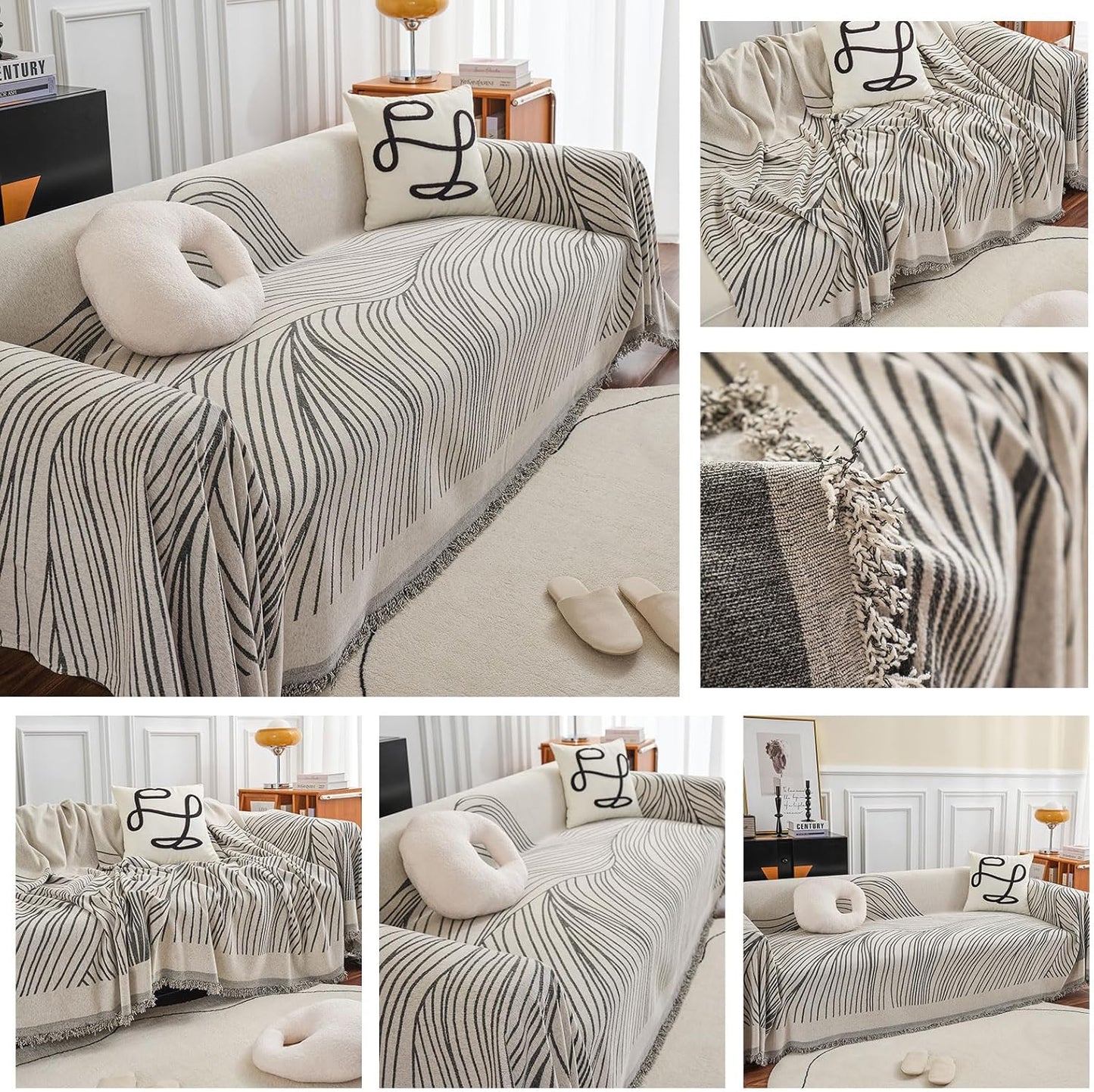 STACYPIK Stylish Striped Sofa Cover for Dogs, Non-Slip Boho Couch Cover for Sectional, Pet-Friendly Furniture Covers for 2 Cushion Couch, Abstract Jacquard Loveaseat Cover Sofa Throw Blanket-71x118IN