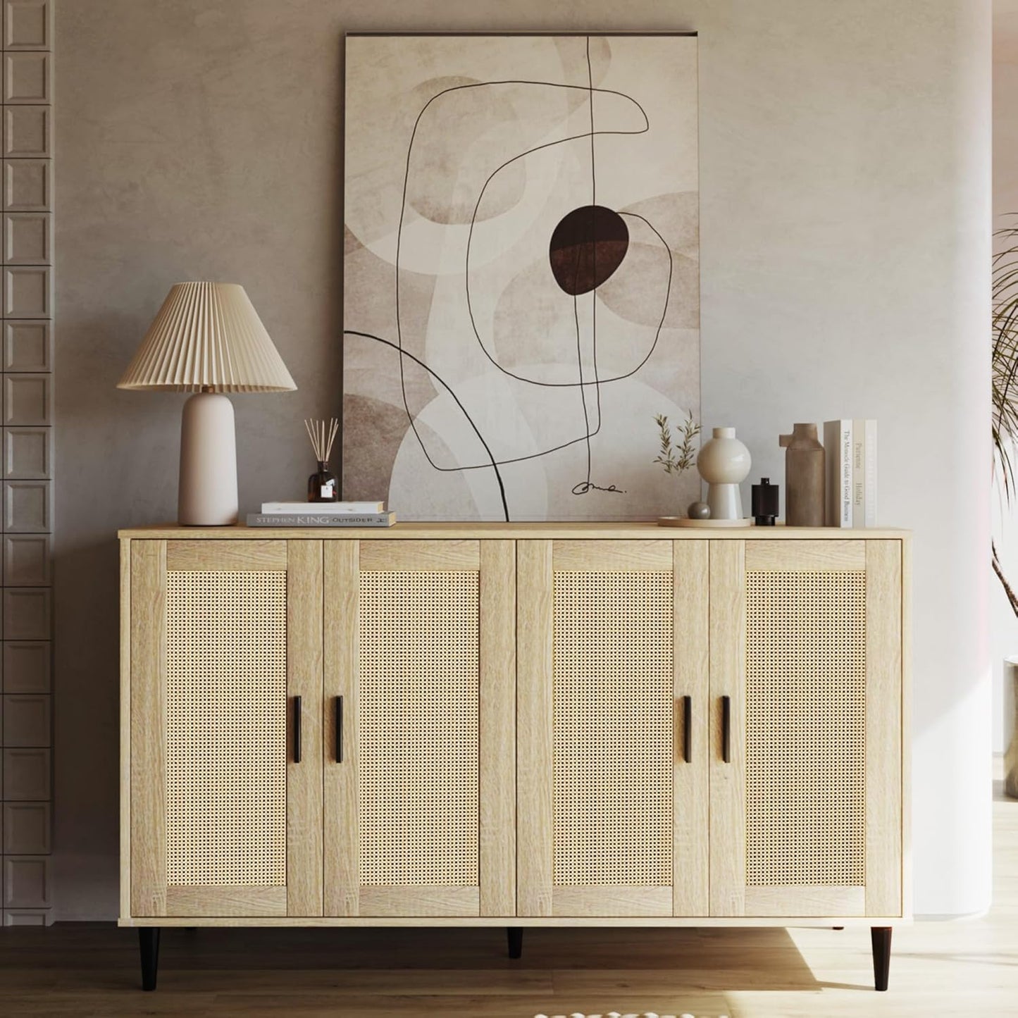 Buffet Sideboard,Kitchen Storage Cabinet with 4 Rattan Decorated Doors,Coffee Bar Cabinet with Adjustable Shelves for Living Room,Hallway,Natural