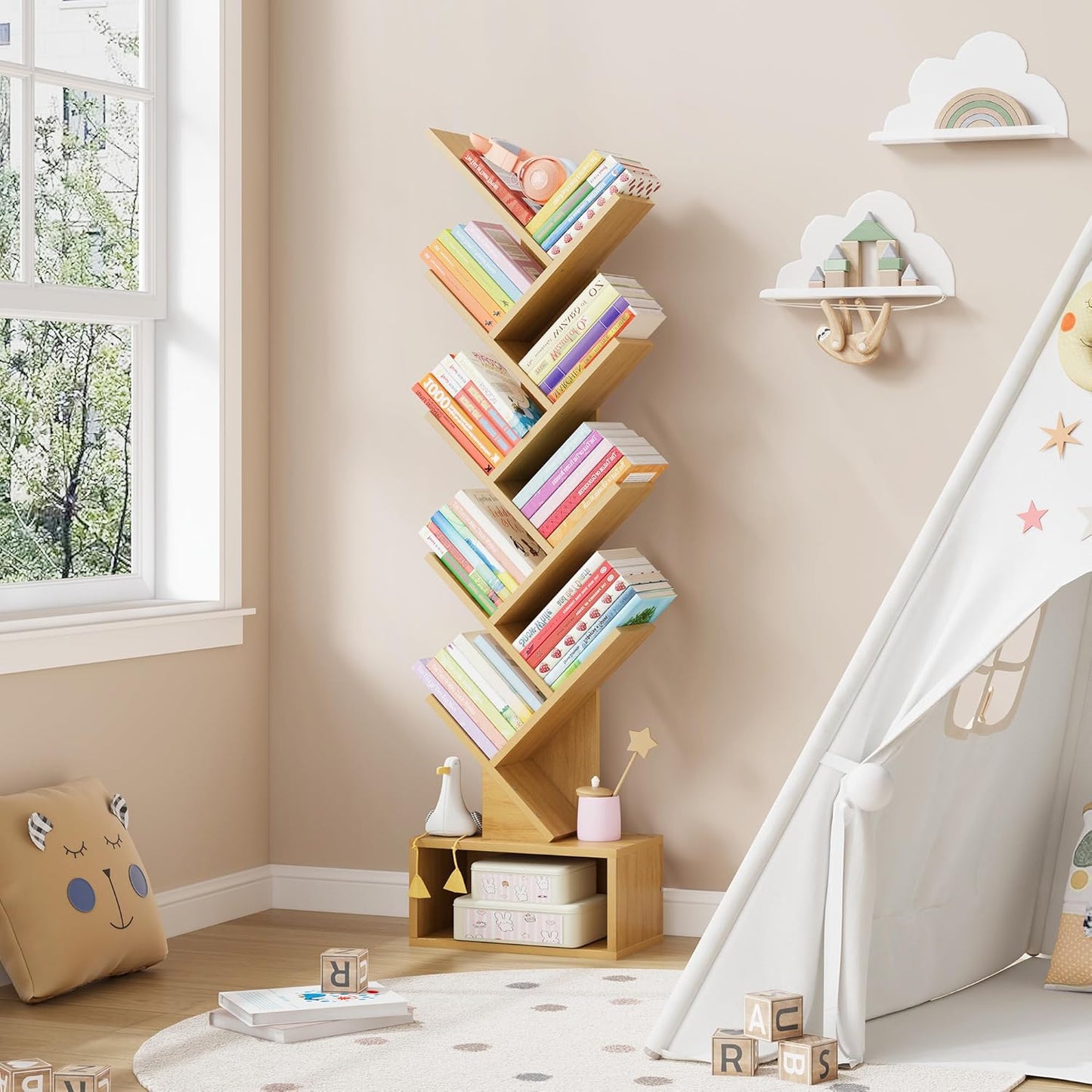 Hoctieon 9 Tier Tree Bookshelf, Tall Bookcase with Drawer, Wood Book Shelf, Modern Floor Standing Bookshelves, Book Organizer Shelves for Bedroom, Living Room, Home Office, Yellow